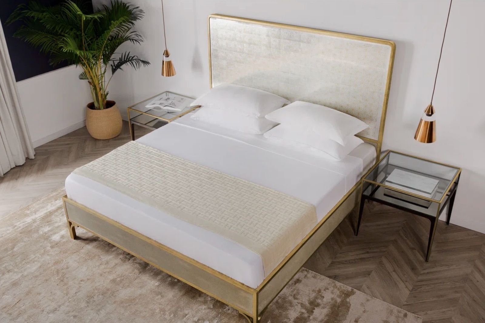 Tracey Boyd For Sonder Living Mirrored Eglomisé Bed Frame – Gold Leaf Detail