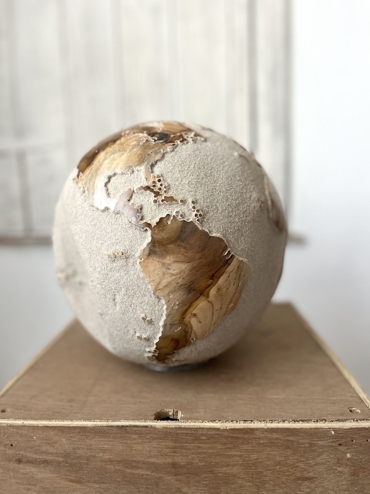 White Teak Wood & Volcanic Sand Globe 25 Cm By Bruno Helgen I D 091 Contemporary Wood Globe Sculpture photo for sale