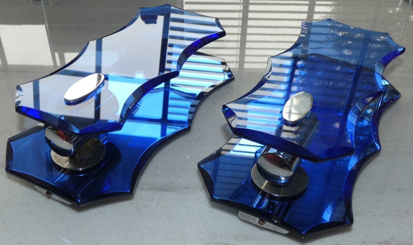 Vintage Cristal Art Cobalt Blue Glass Wall Lights, 1970s, Set Of 2 photo for sale