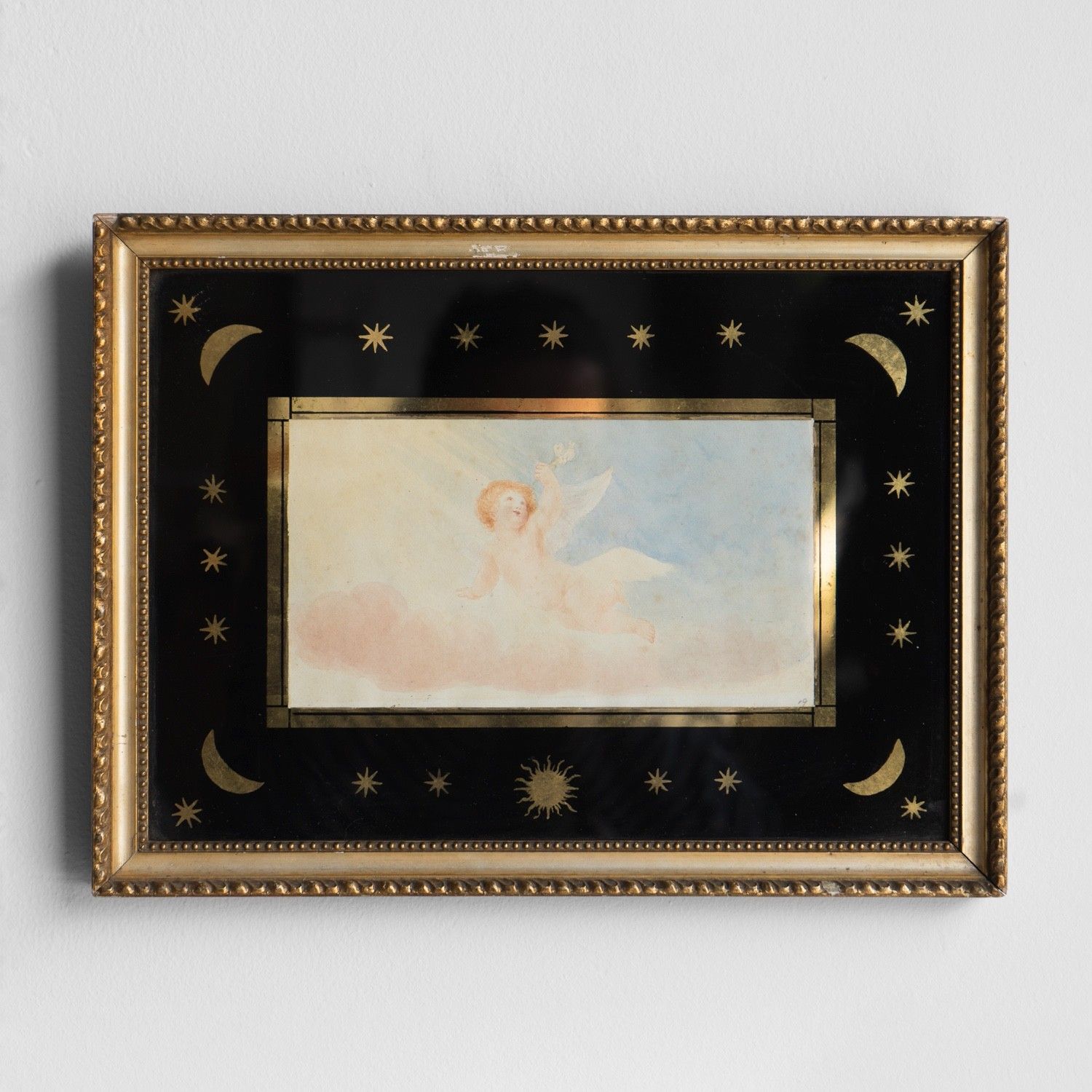 Small Antique Cherub Watercolour In Moon And Star Verre Egolisme Frame, 19th C photo Art