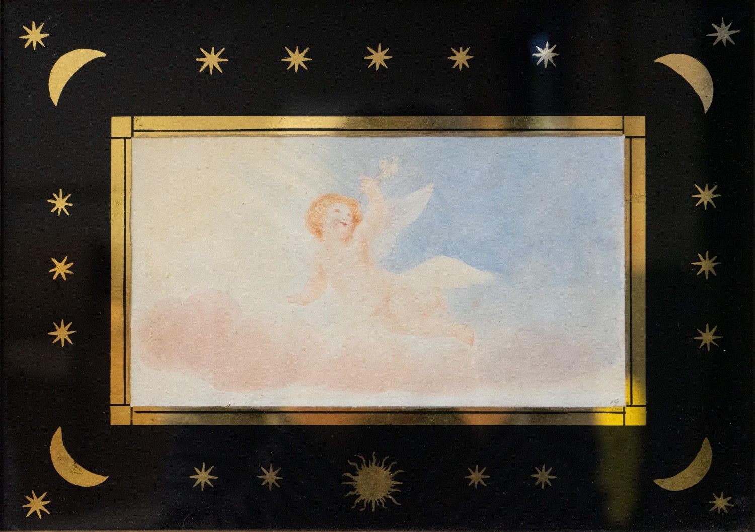 Small Antique Cherub Watercolour In Moon And Star Verre Egolisme Frame, 19th C photo 360.0