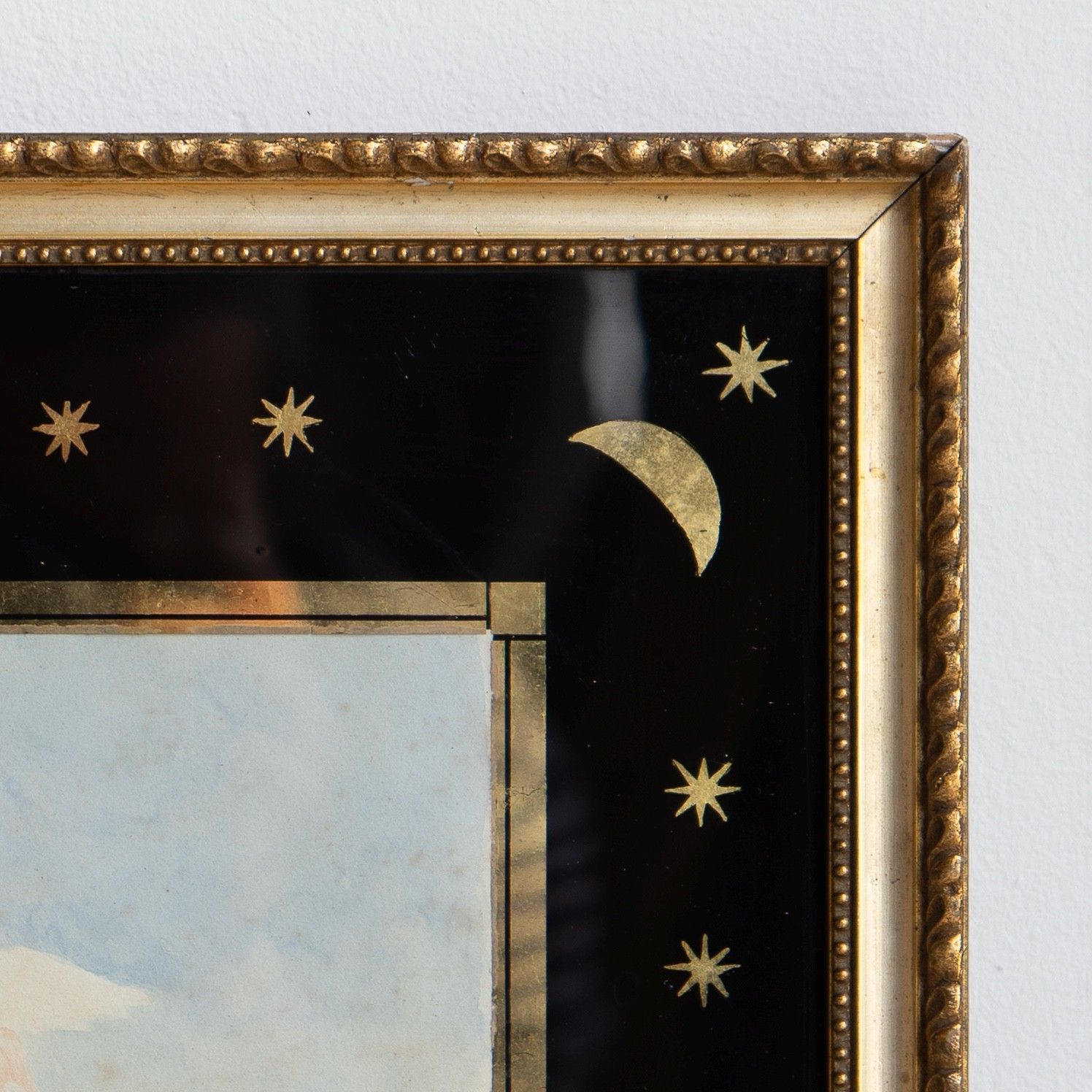 Small Antique Cherub Watercolour In Moon And Star Verre Egolisme Frame, 19th C photo vinterior