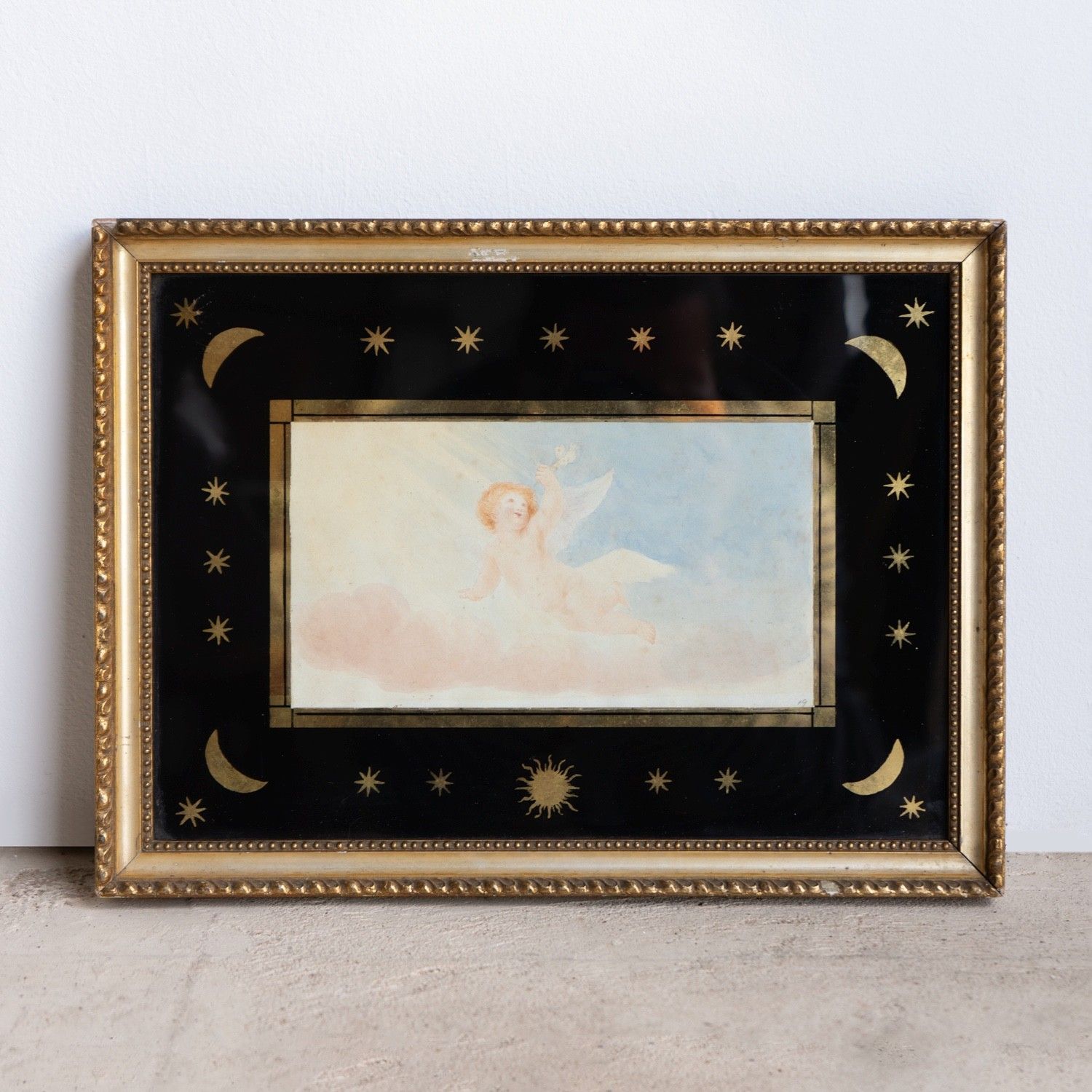 Small Antique Cherub Watercolour In Moon And Star Verre Egolisme Frame, 19th C photo buy