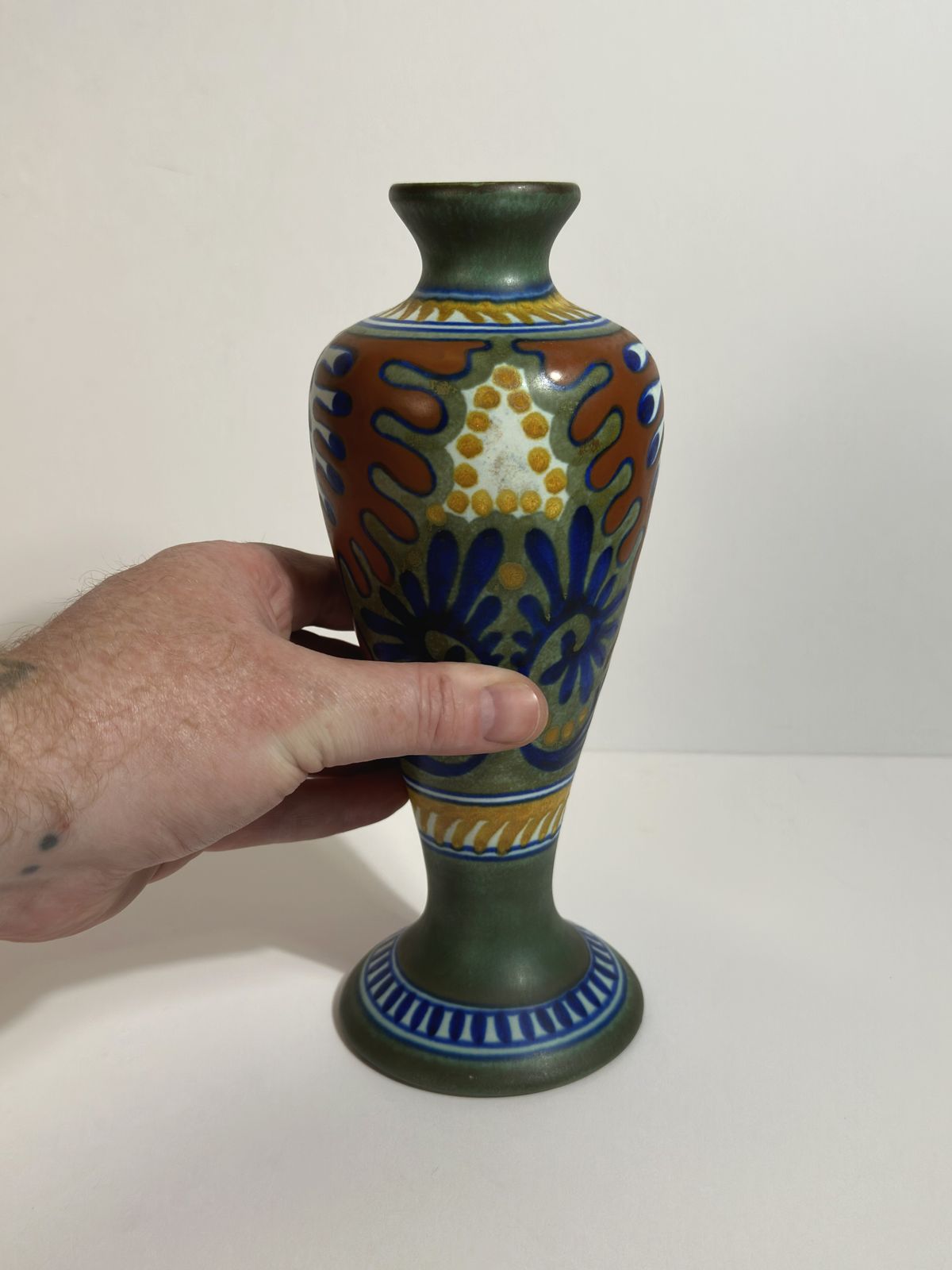 Dutch Gouda Vase, Rhodian Pattern, Art Nouveau Style, Holland 1930s photo buy