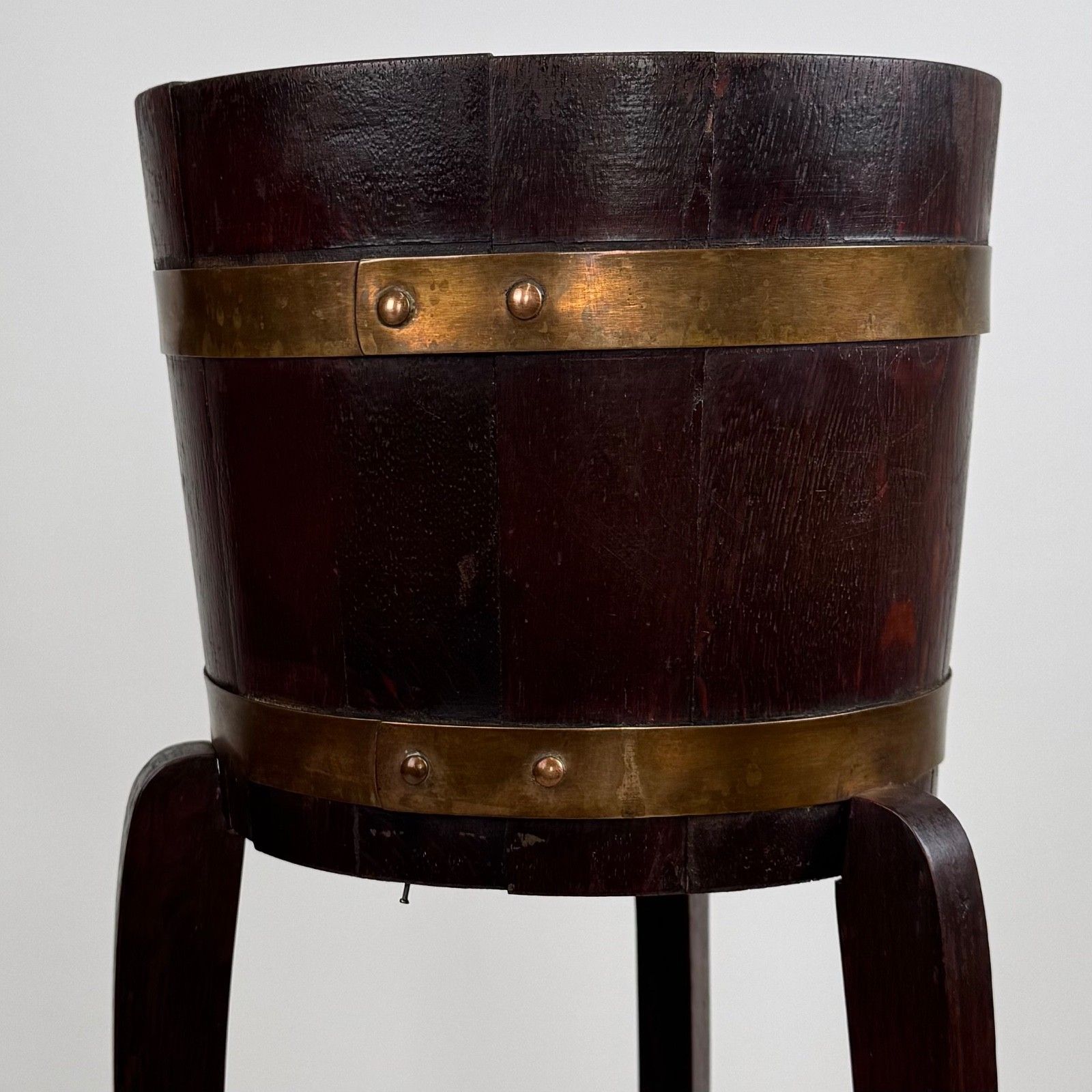 Antique 20th Century Brass Bound Barrel Plant Stand In Oak ( Af 5633 ) photo buy