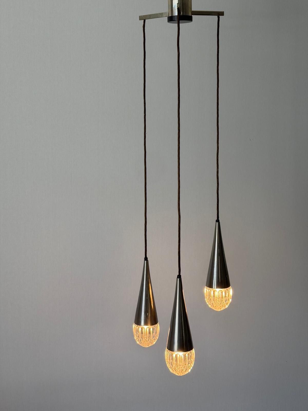 Crystal Glass And Chrome 3 Shade Cascade Pendant Lamp, 1960s, Germany photo furniture