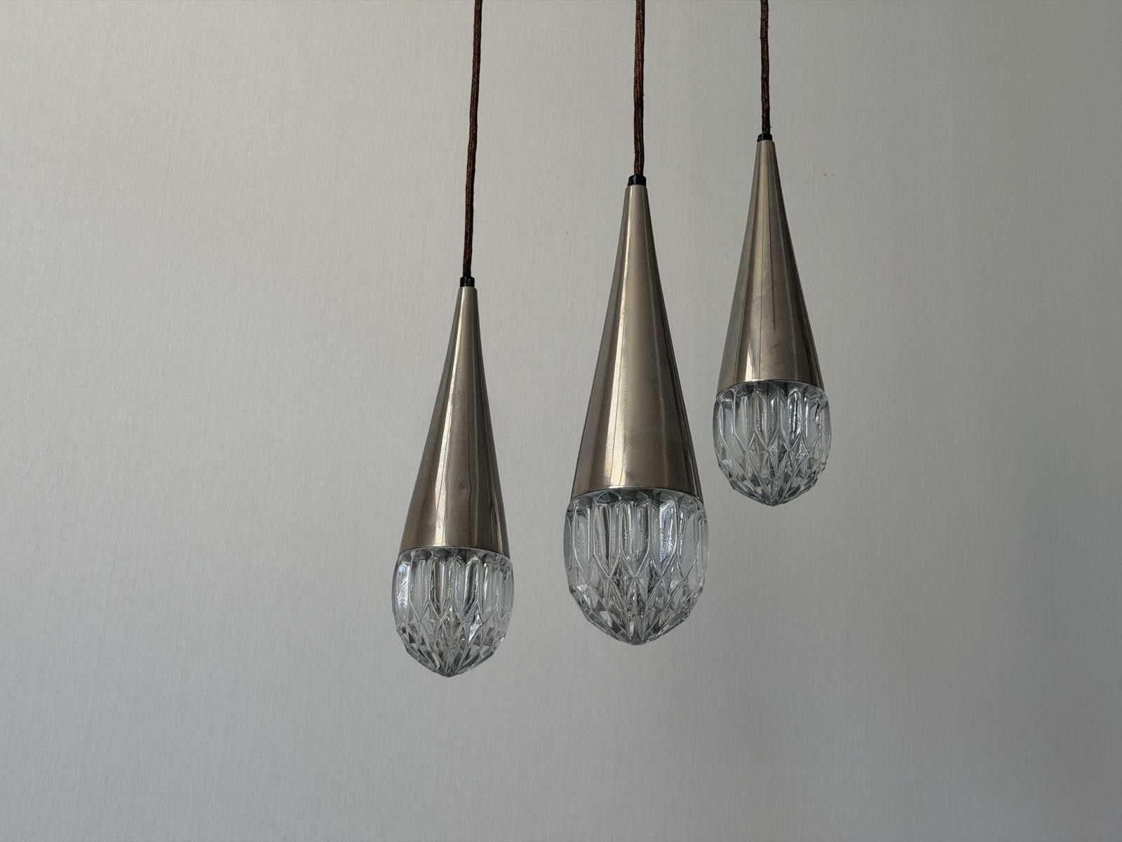 Crystal Glass And Chrome 3 Shade Cascade Pendant Lamp, 1960s, Germany photo Lighting