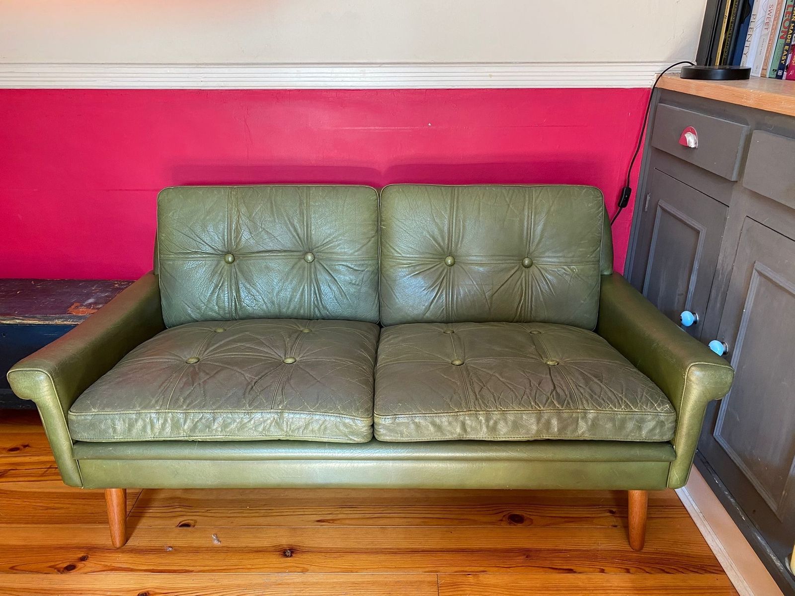 Vintage 1960s Svend Skipper Olive Green Leather Two Seater Sofa