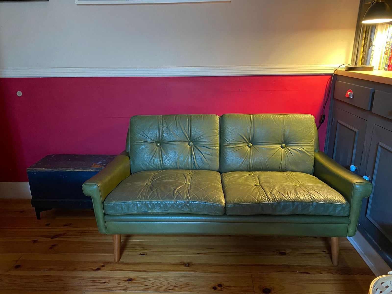 Vintage 1960s Svend Skipper Olive Green Leather Two Seater Sofa photo vinterior