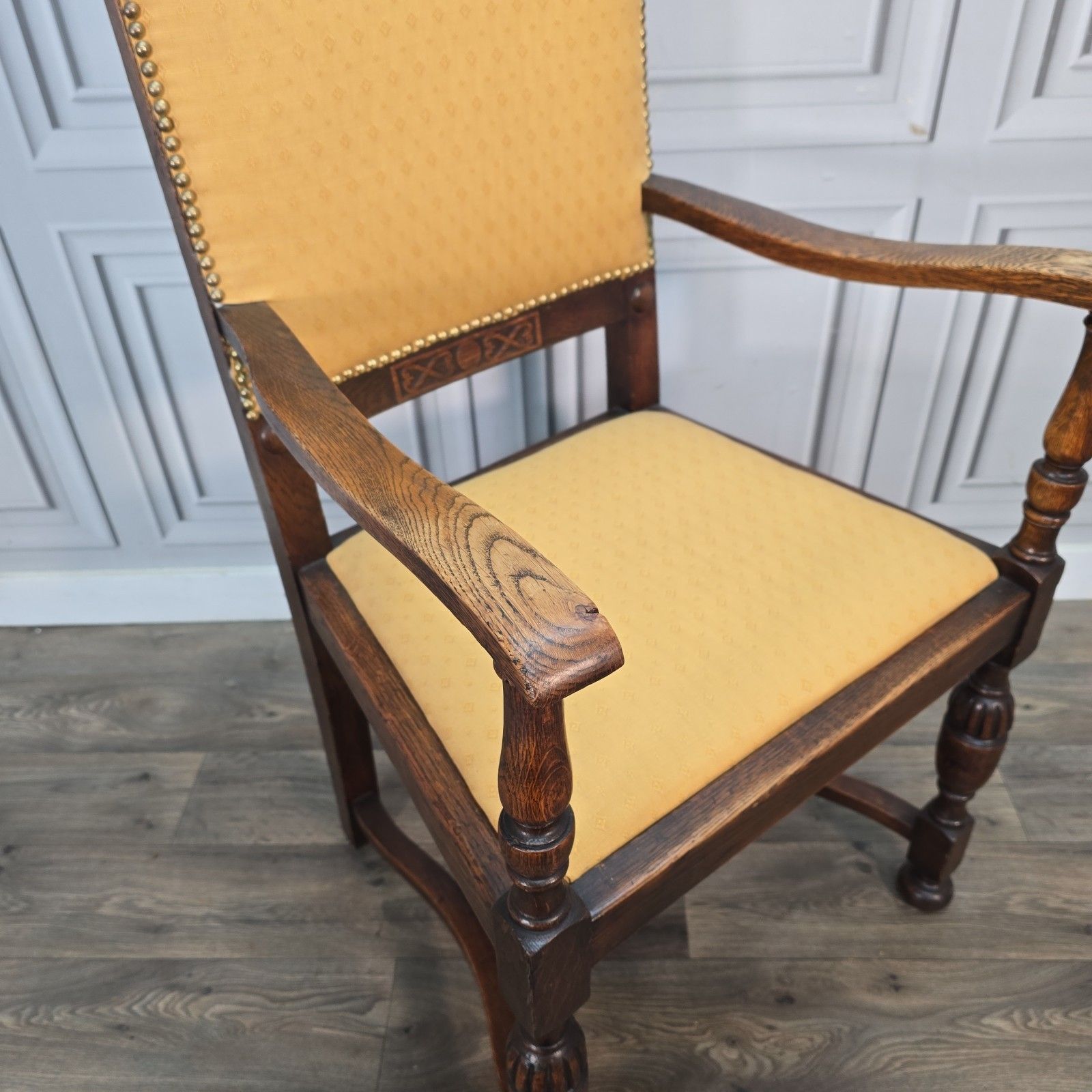 Antique Oak Armchair Carved Upholstered Seat Arts & Crafts Hall Chair Wooden photo 140.0