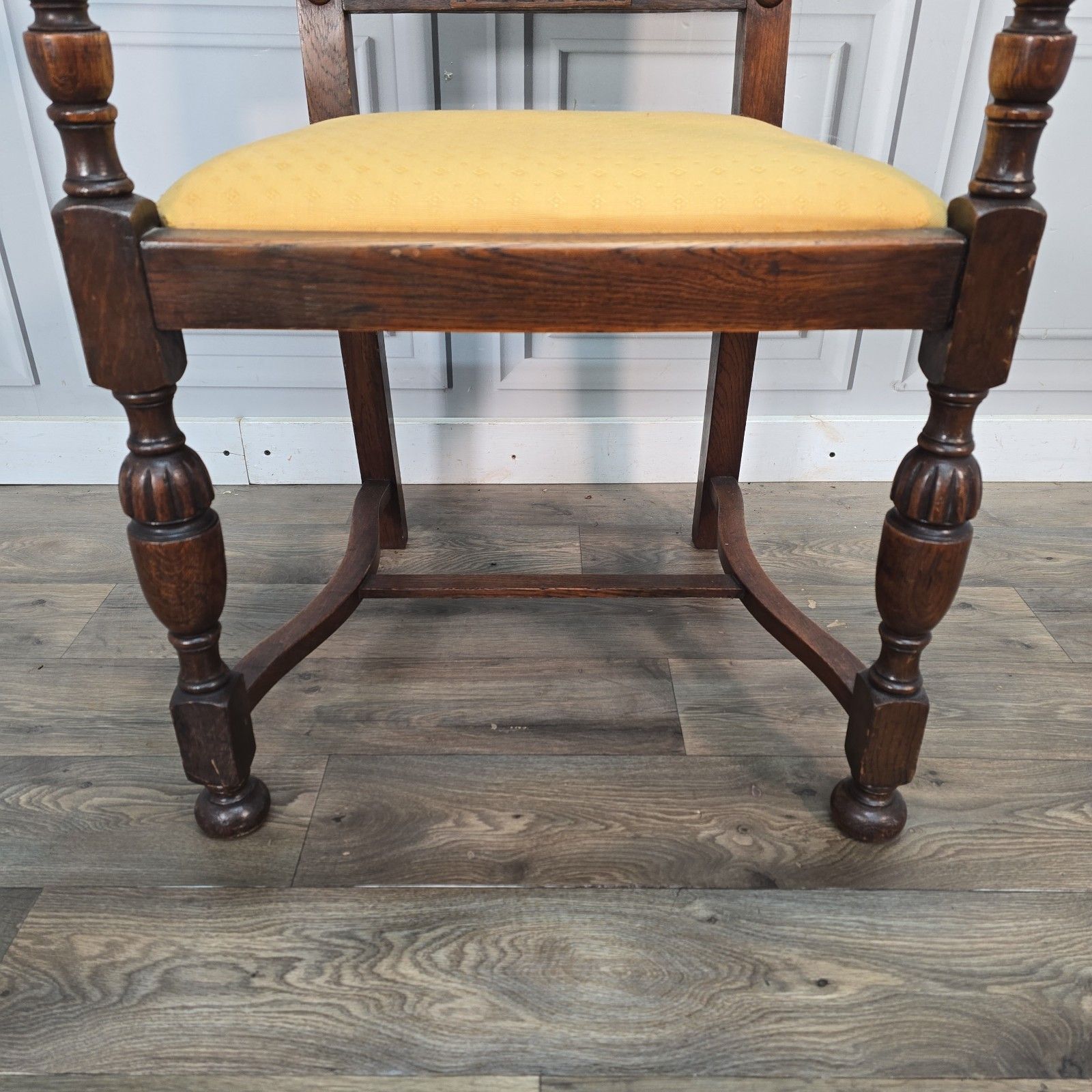 Antique Oak Armchair Carved Upholstered Seat Arts & Crafts Hall Chair Wooden photo buy