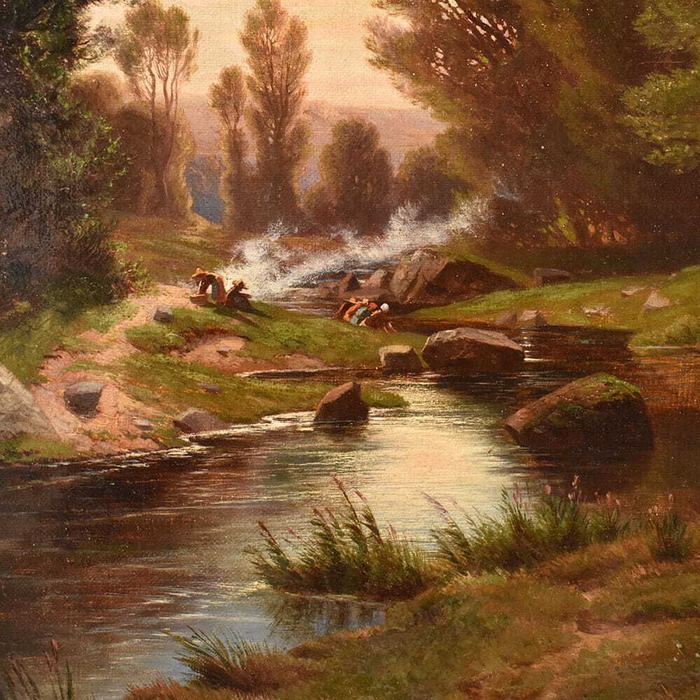 Mountain Landscape Painting, Antique Oil, Washerwomen And River, XIX. (Qp739) photo Art