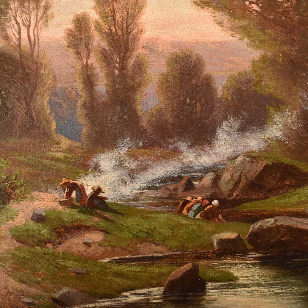 Mountain Landscape Painting, Antique Oil, Washerwomen And River, XIX. (Qp739) photo 2000.0
