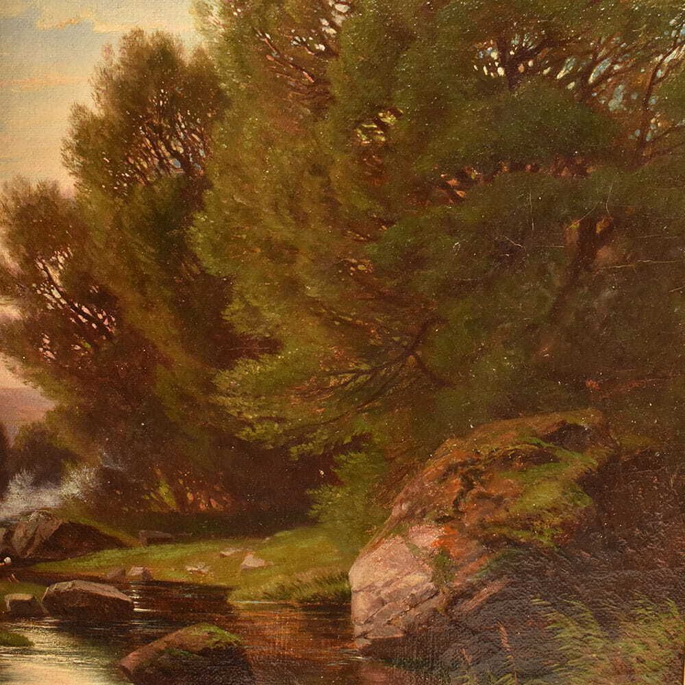 Mountain Landscape Painting, Antique Oil, Washerwomen And River, XIX. (Qp739) photo buy