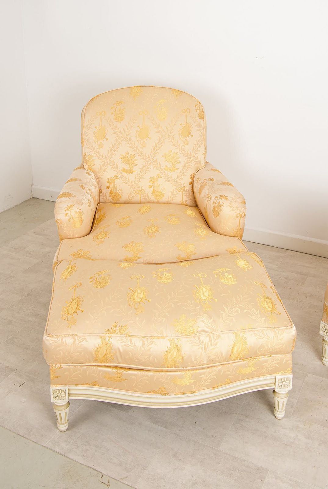 Pair French Louis XVI Style Bergère Armchairs & Ottoman photo furniture
