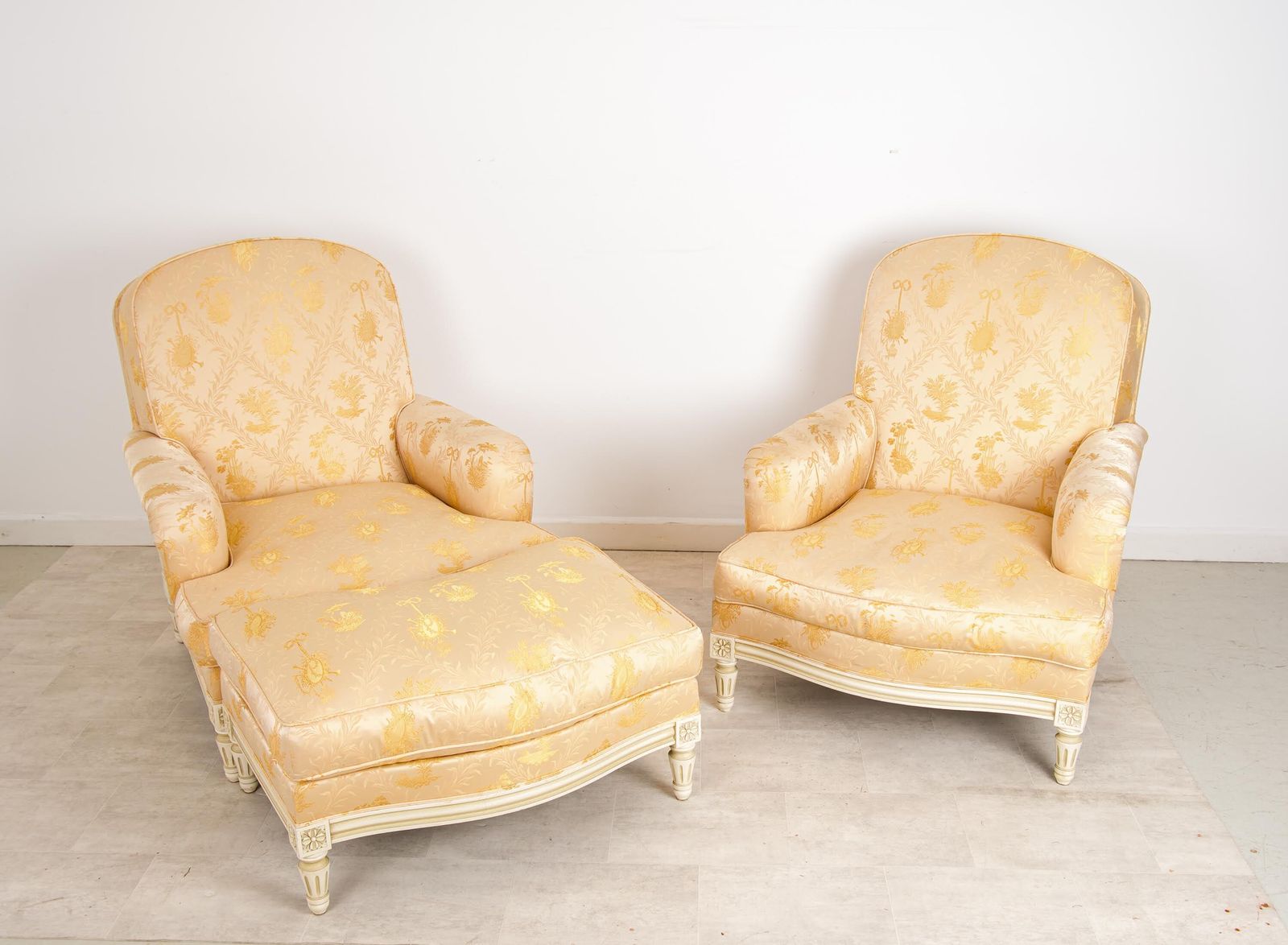 Pair French Louis XVI Style Bergère Armchairs & Ottoman photo Furniture