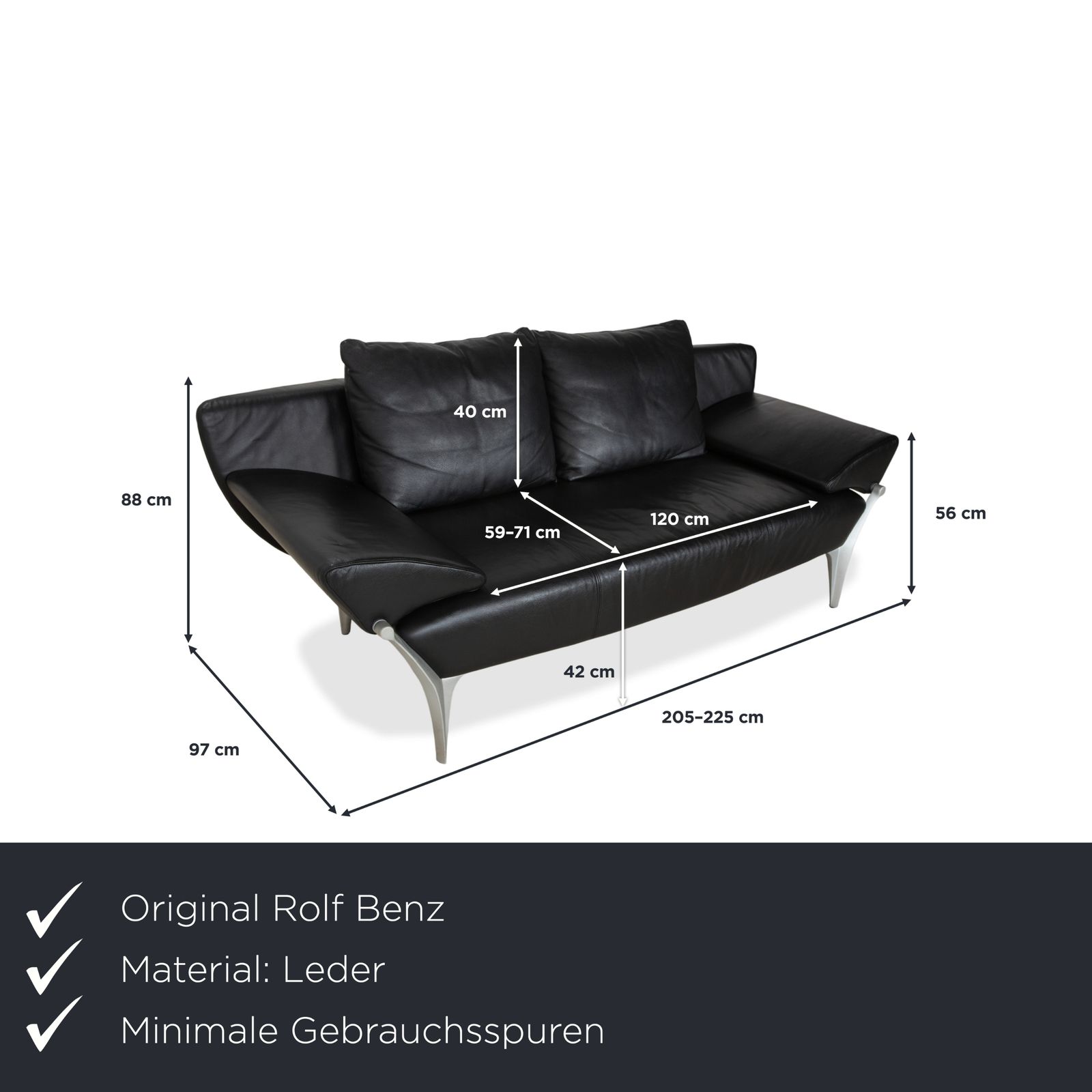 Canapé 2 places Rolf Benz 1600 en cuir noir, fonction manuelle photo furniture