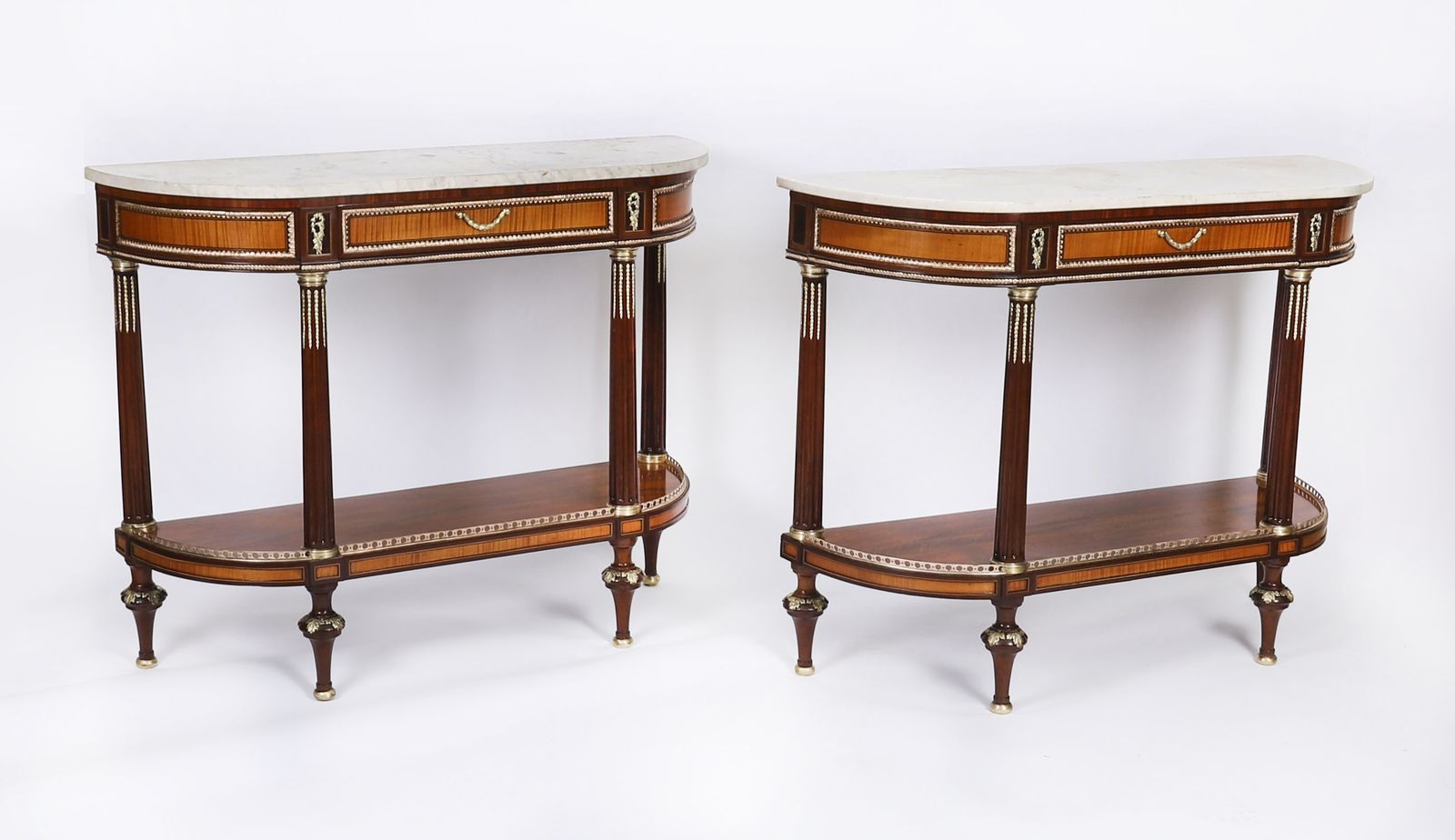 Antique Pair French Ormolu Mounted Carrara Marble Topped Consoles 19th C