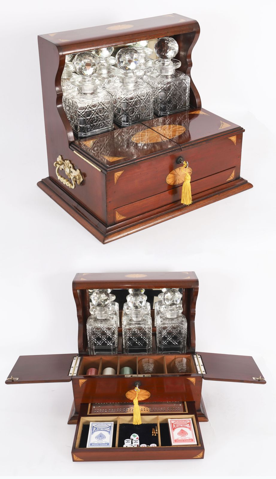 Antique Satin Wood Inlaid Three Cut Crystal Decanter Tantalus & Games 19th C