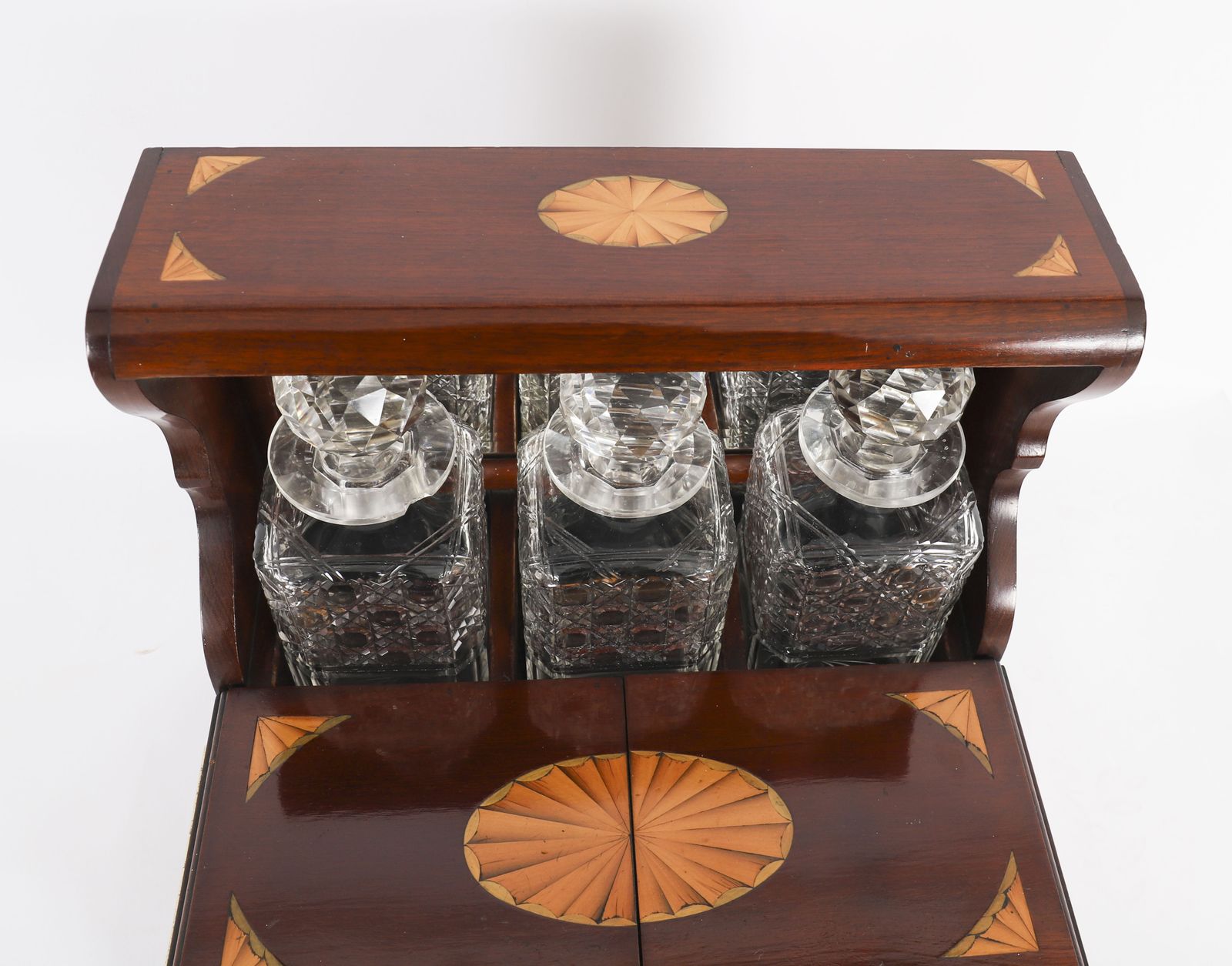Antique Satin Wood Inlaid Three Cut Crystal Decanter Tantalus & Games 19th C photo 1750.0