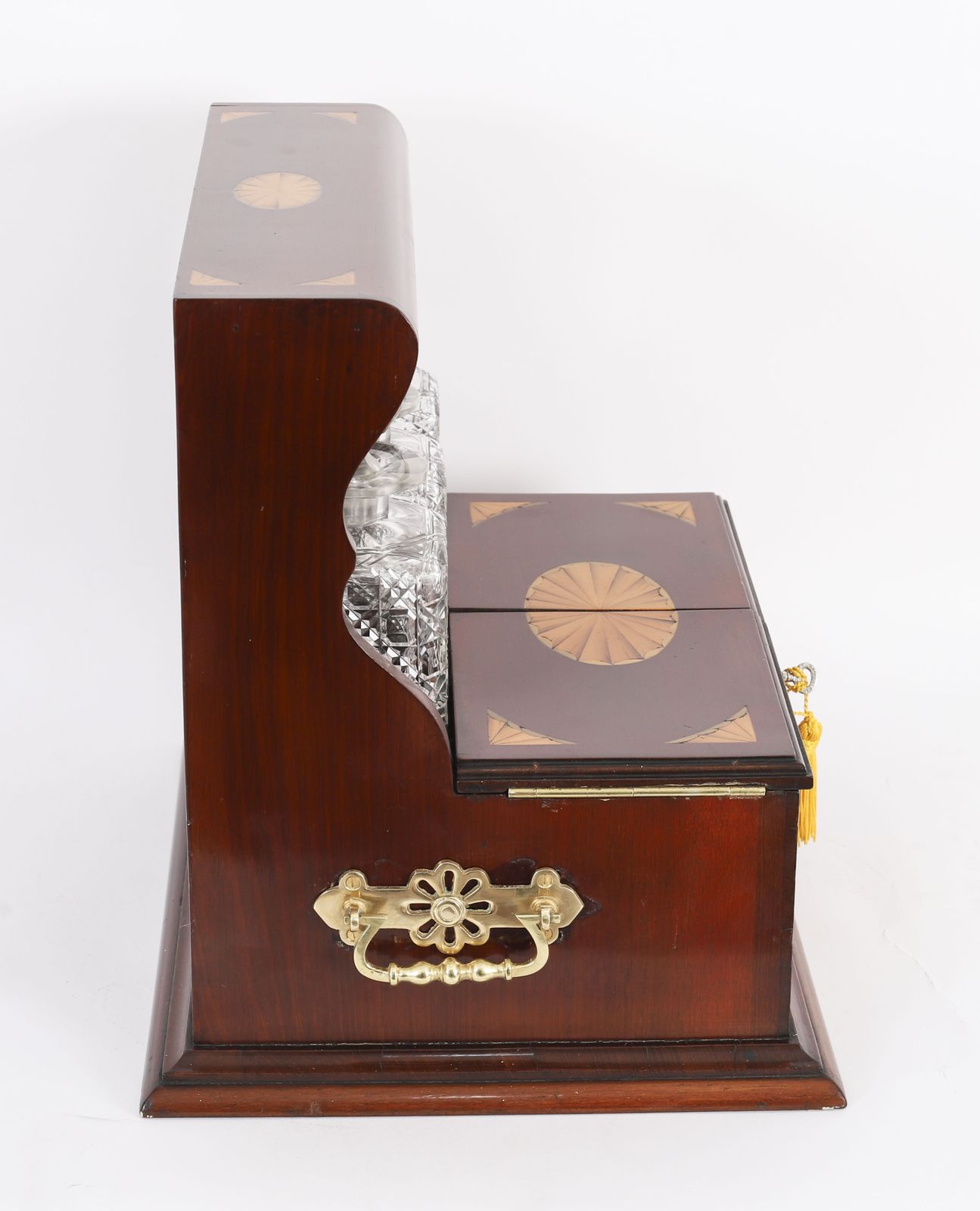 Antique Satin Wood Inlaid Three Cut Crystal Decanter Tantalus & Games 19th C photo buy