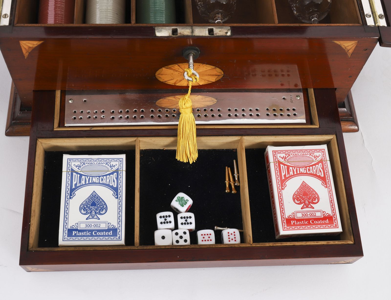 1750.0 Antique Satin Wood Inlaid Three Cut Crystal Decanter Tantalus & Games 19th C photo
