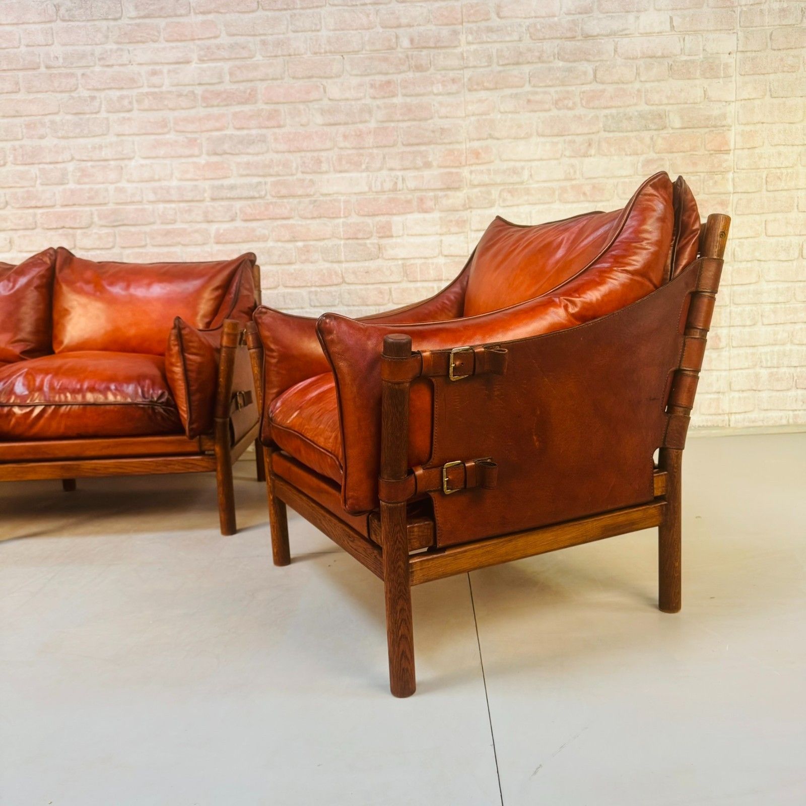 Vintage Swedish 60s Arne Norell “Ilona” Tan Leather Sofa & Pair Of Safari Chairs photo Furniture