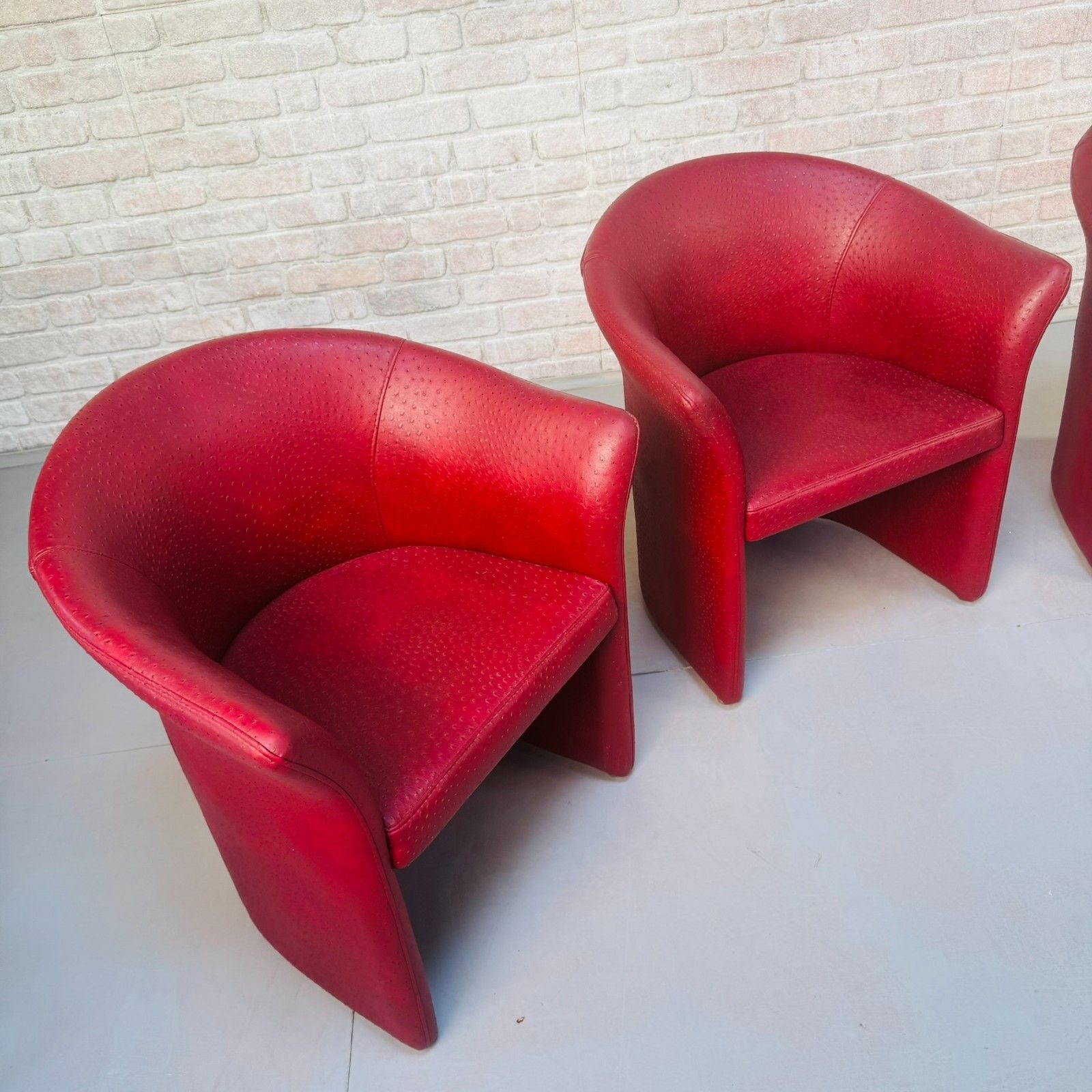 Set Of Vintage Italian Red Faux Ostrich Leather Tub Chairs photo buy