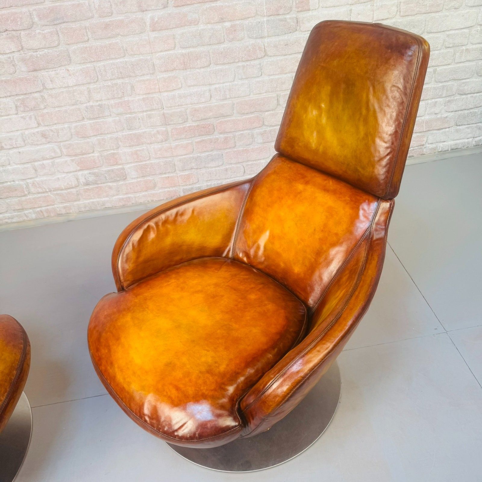 photo for sale Pair Of Vintage Italian Swivel Tan Leather Chairs