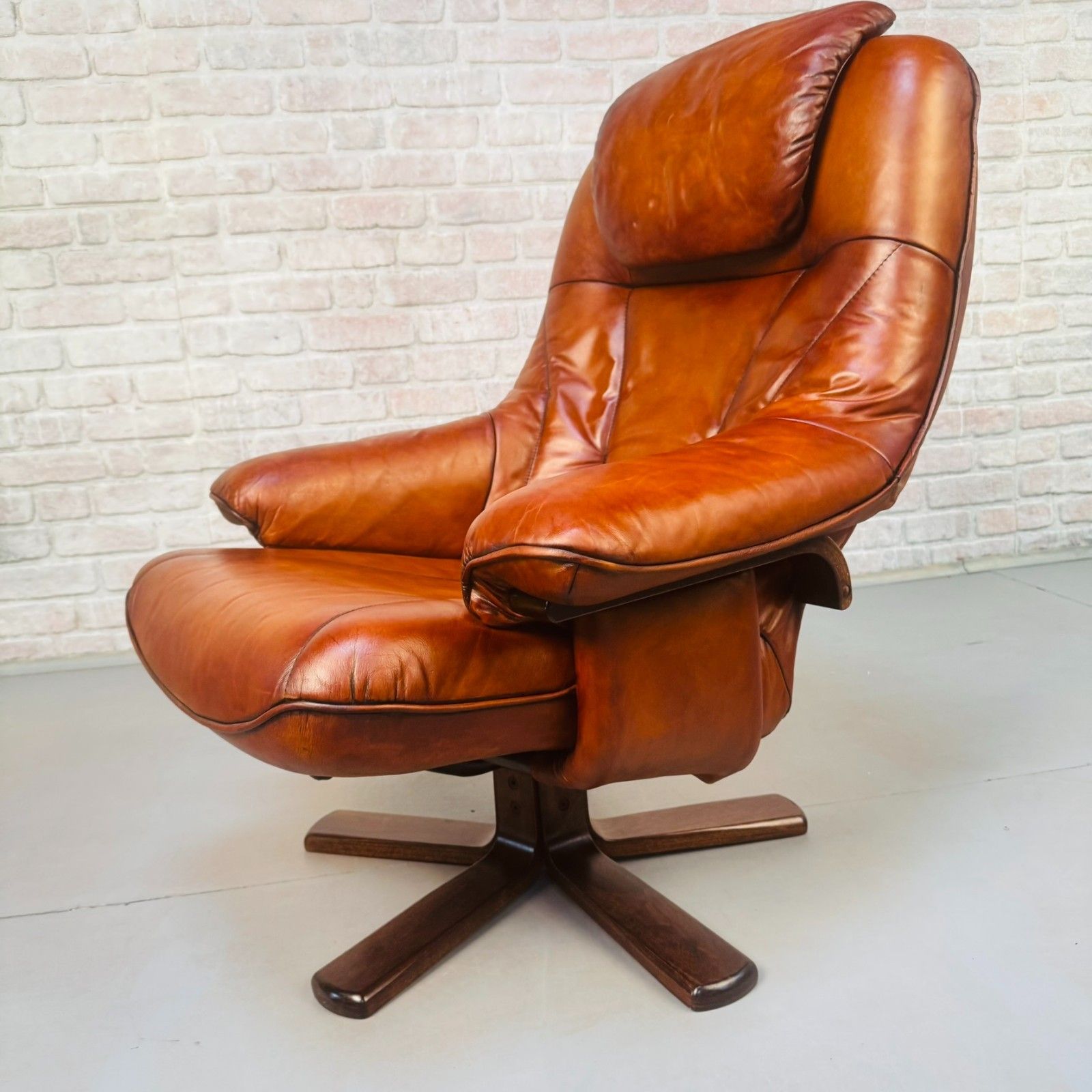 Furniture Vintage Danish Tan Leather Reclining Chair & Matching Footstool photo