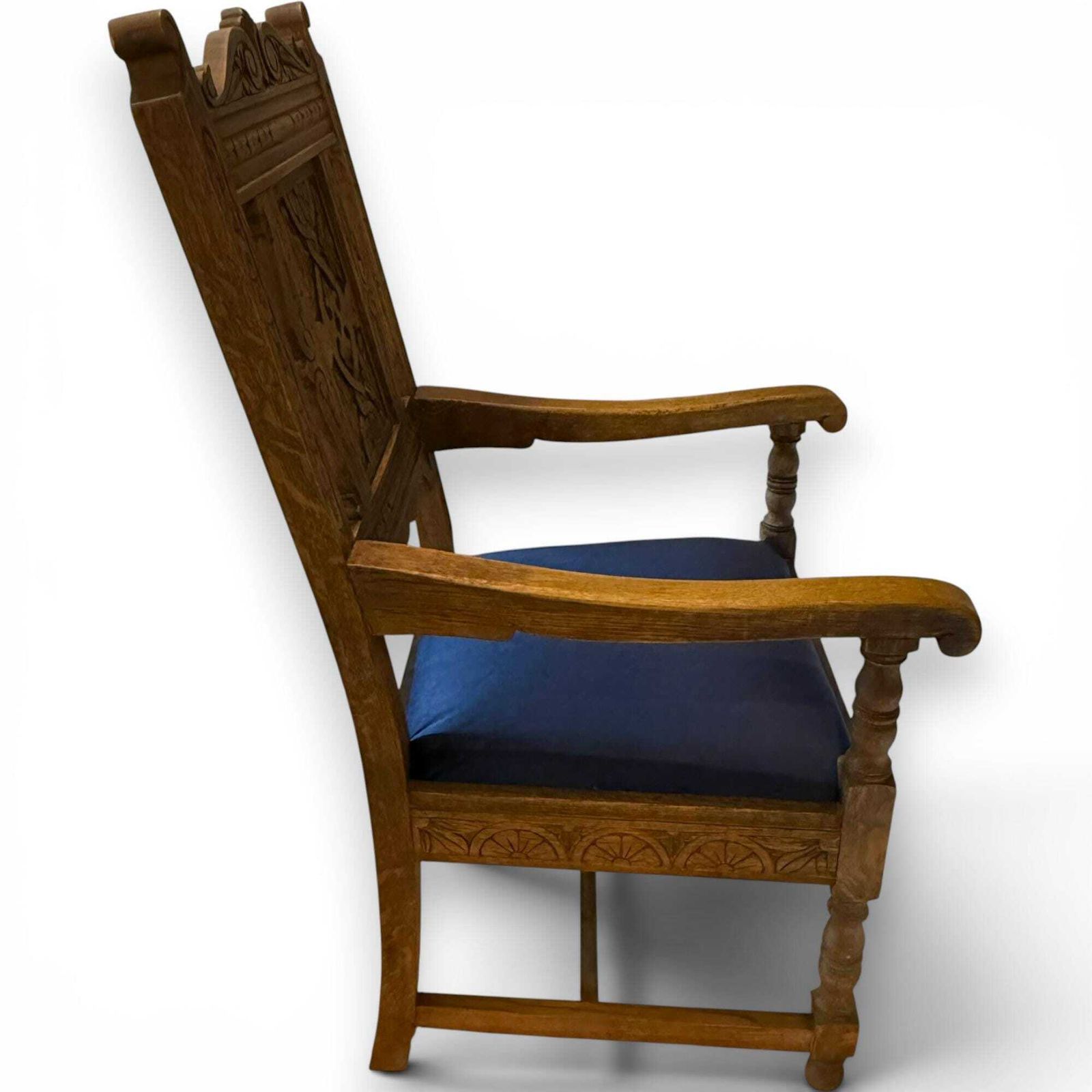Vintage Carved Oak Gothic Revival Armchair With Blue Velvet Seat. photo 265.0