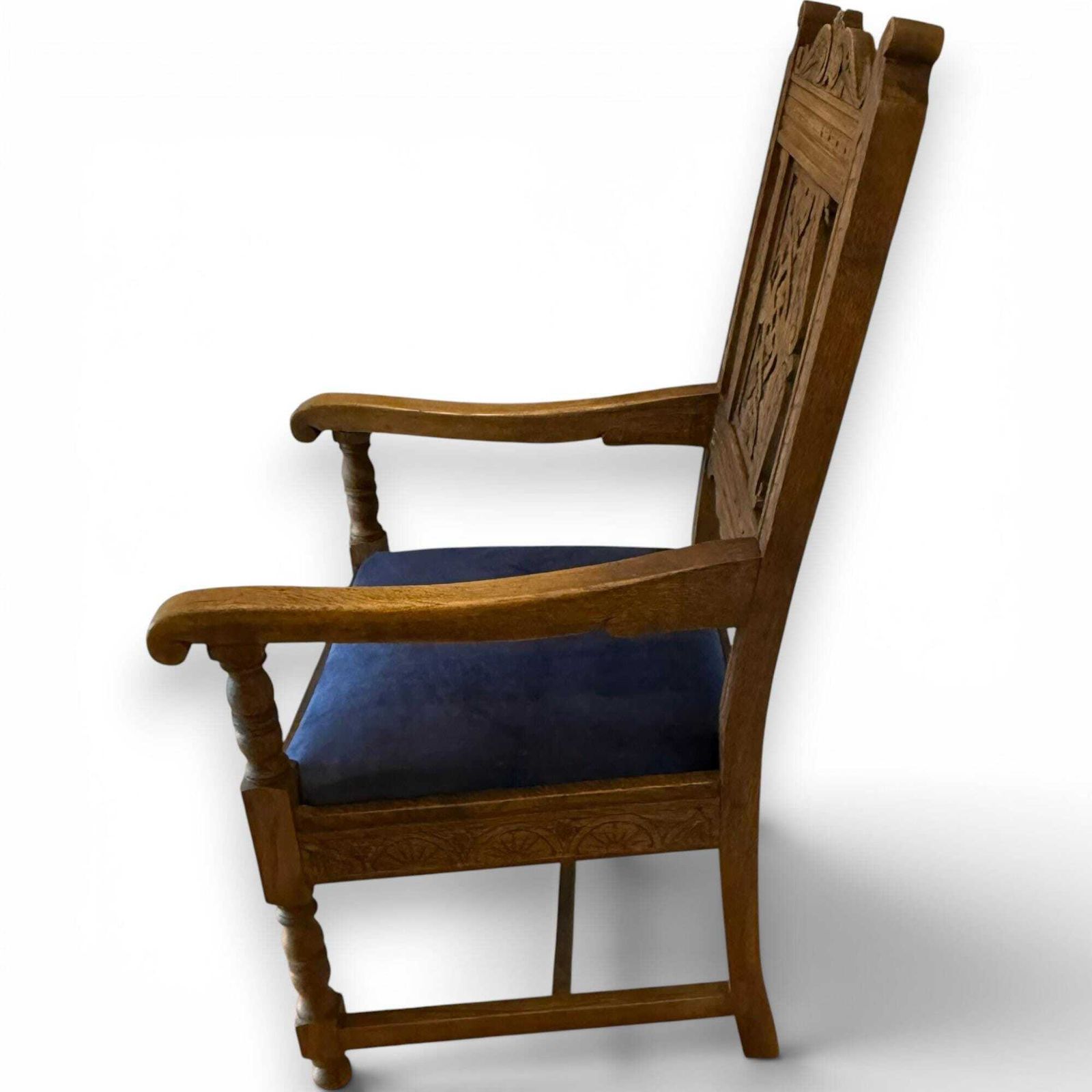 Vintage Carved Oak Gothic Revival Armchair With Blue Velvet Seat. photo buy