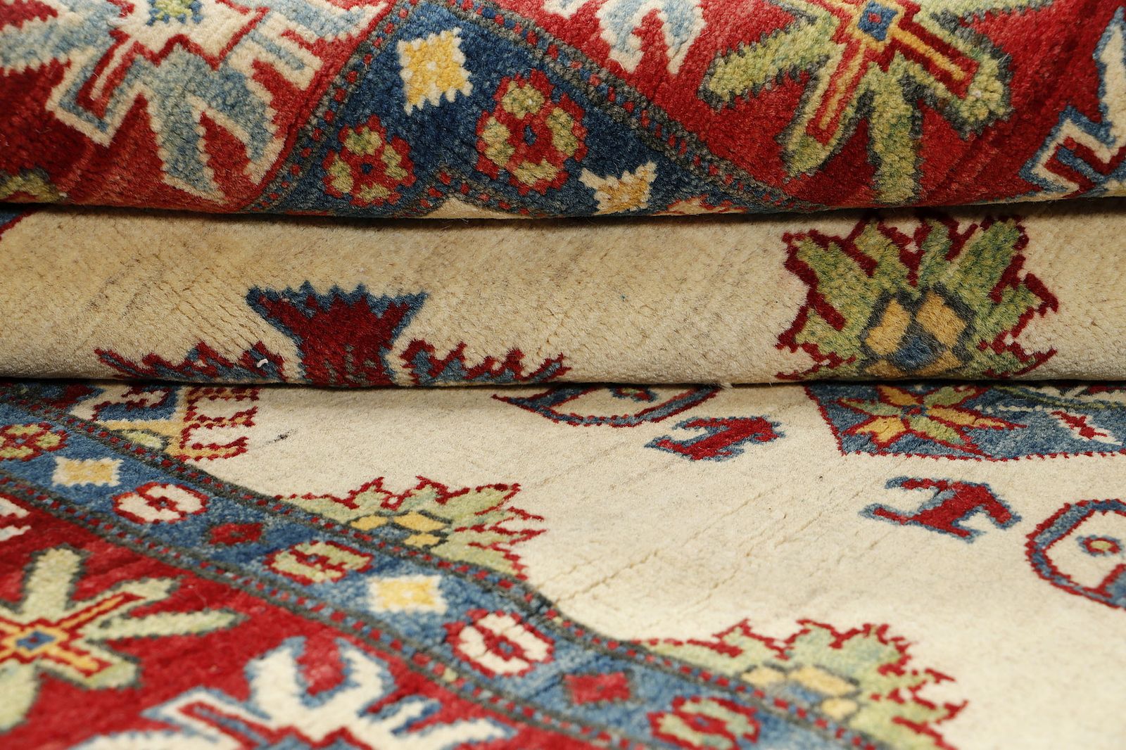 Kazak Ivory Red Hand Knotted Caucasian Geometric Rug photo 356.0