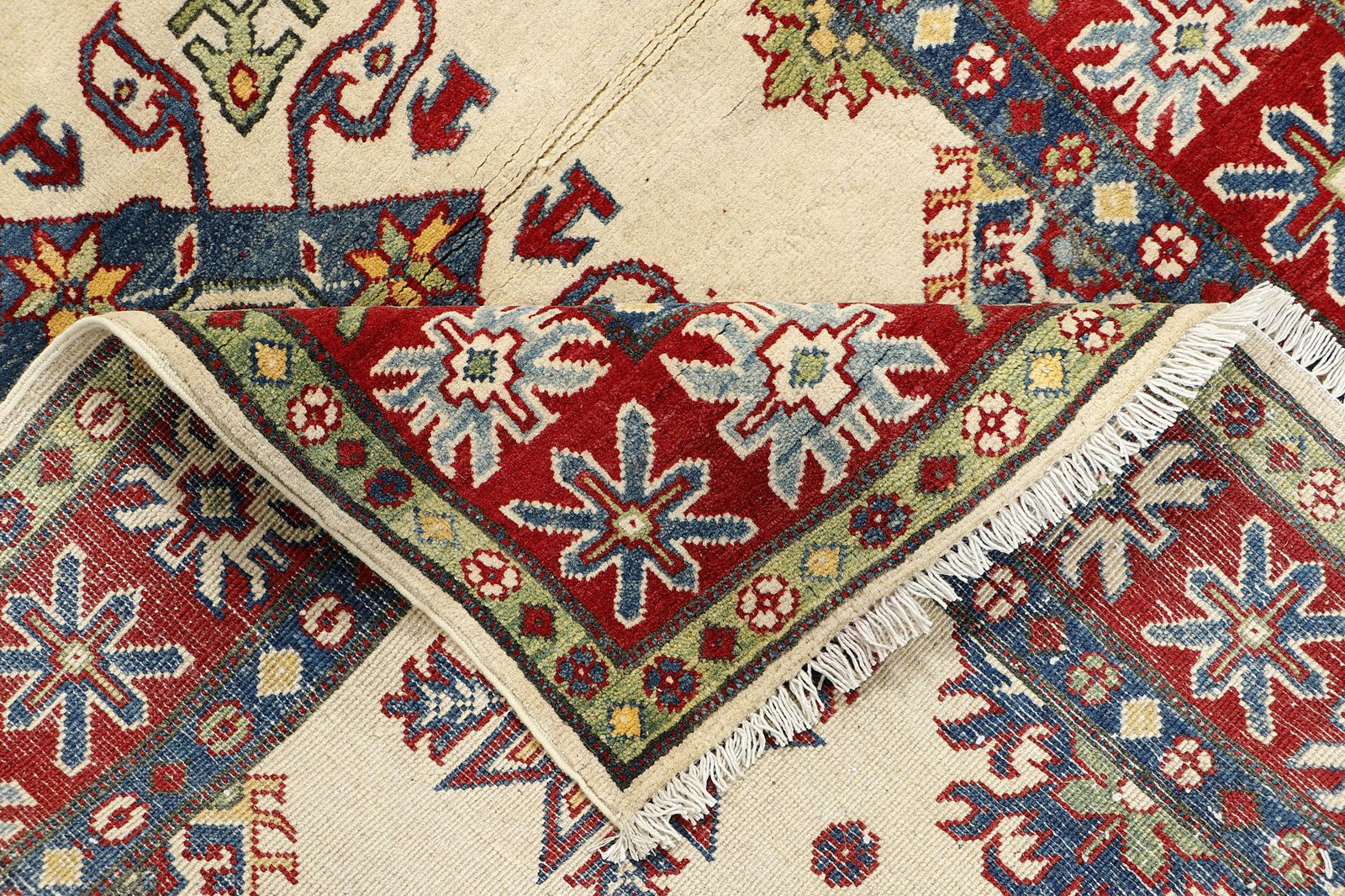 Kazak Ivory Red Hand Knotted Caucasian Geometric Rug photo vinterior