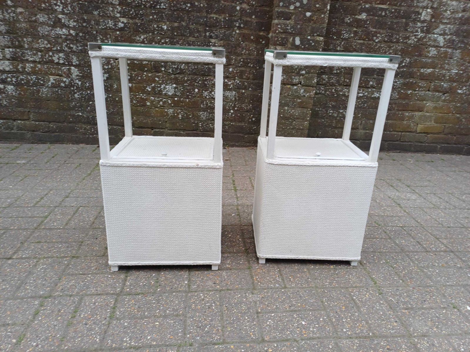 Pair Of Vintage White Bedside Cabinets Pair Glass Top Side Tables Wicker Storage Cupboards Unusual Lift Top Nightstands
