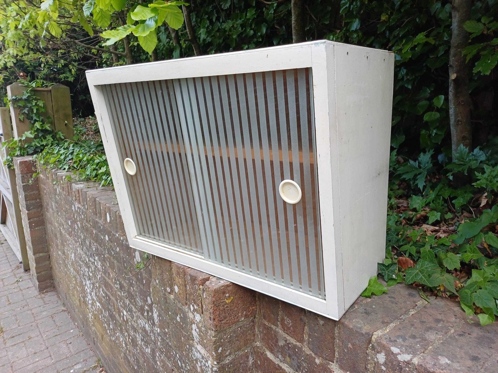 1950s Painted Kitchen Bathroom Wall Cupboard With Sliding Ribbed Glass Doors Mid Century Utility Storage Cabinet
