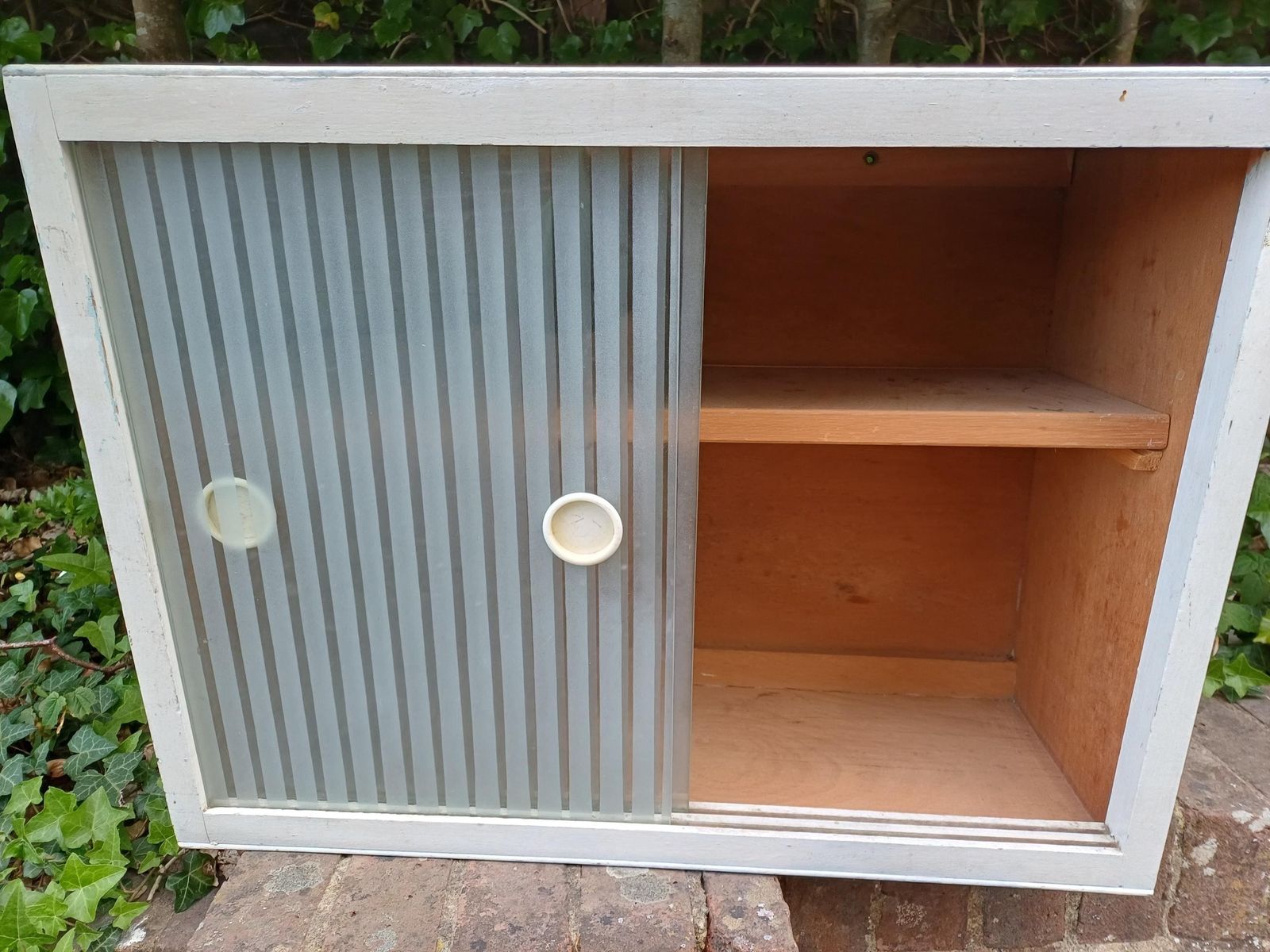 1950s Painted Kitchen Bathroom Wall Cupboard With Sliding Ribbed Glass Doors Mid Century Utility Storage Cabinet photo furniture