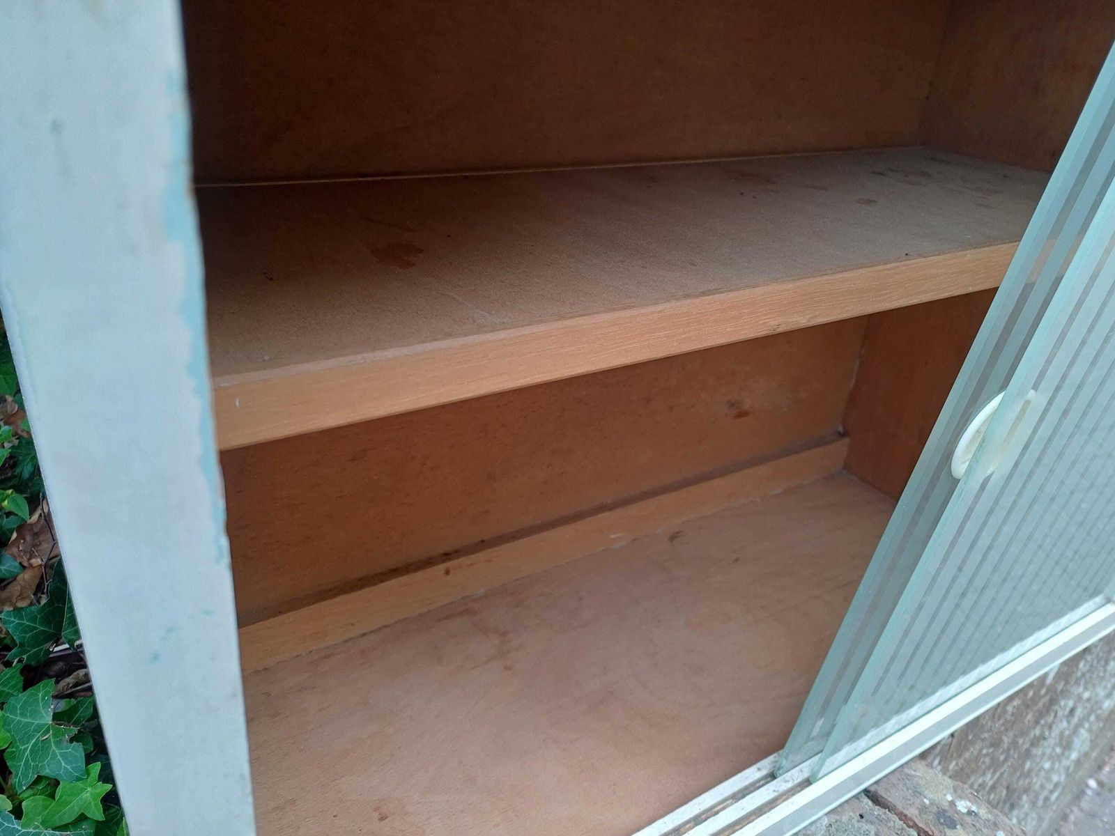 photo furniture 1950s Painted Kitchen Bathroom Wall Cupboard With Sliding Ribbed Glass Doors Mid Century Utility Storage Cabinet