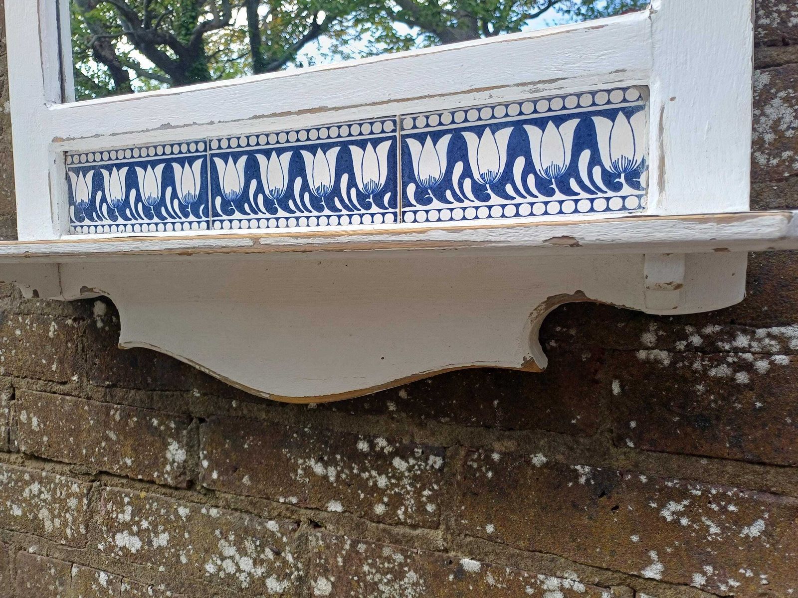photo for sale Vintage White Pine Wall Mirror Blue Tulip Tile Shelf Bathroom Hallway Kitchen Shabby Chic Rustic Farmhouse Decor