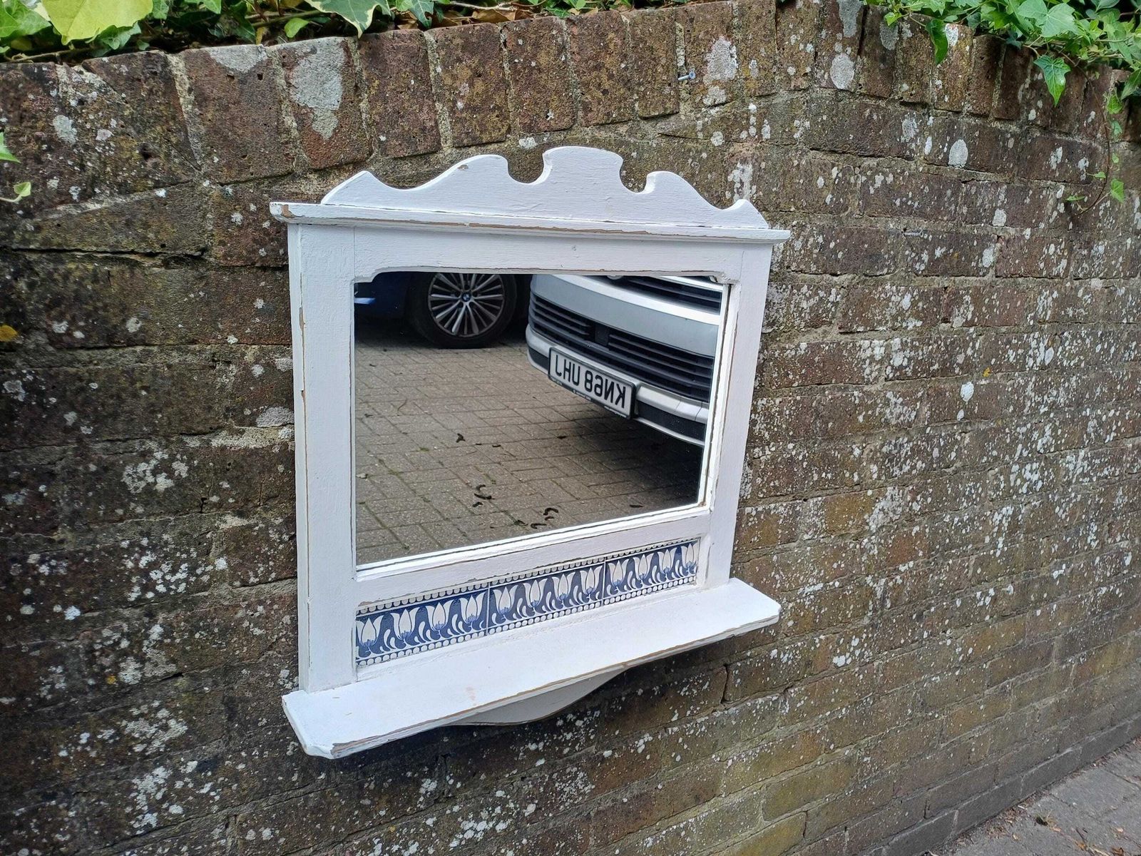 Home Decor Vintage White Pine Wall Mirror Blue Tulip Tile Shelf Bathroom Hallway Kitchen Shabby Chic Rustic Farmhouse Decor photo