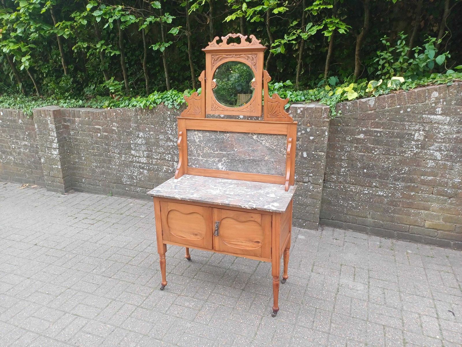 Antique Satinwood Washstand Dressing Table C1900 Marble Top Bevelled Mirror Art Nouveau Carved Vanity Cabinet On Castors