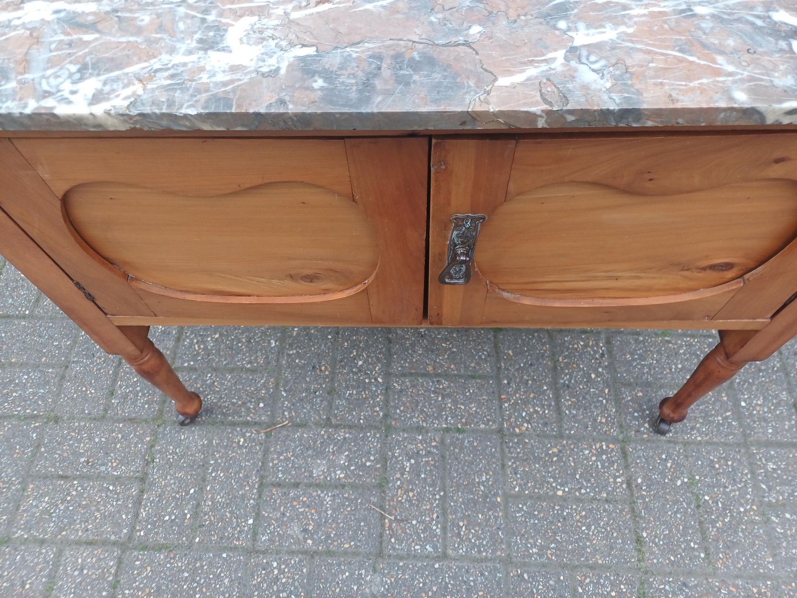 595.0 Antique Satinwood Washstand Dressing Table C1900 Marble Top Bevelled Mirror Art Nouveau Carved Vanity Cabinet On Castors photo