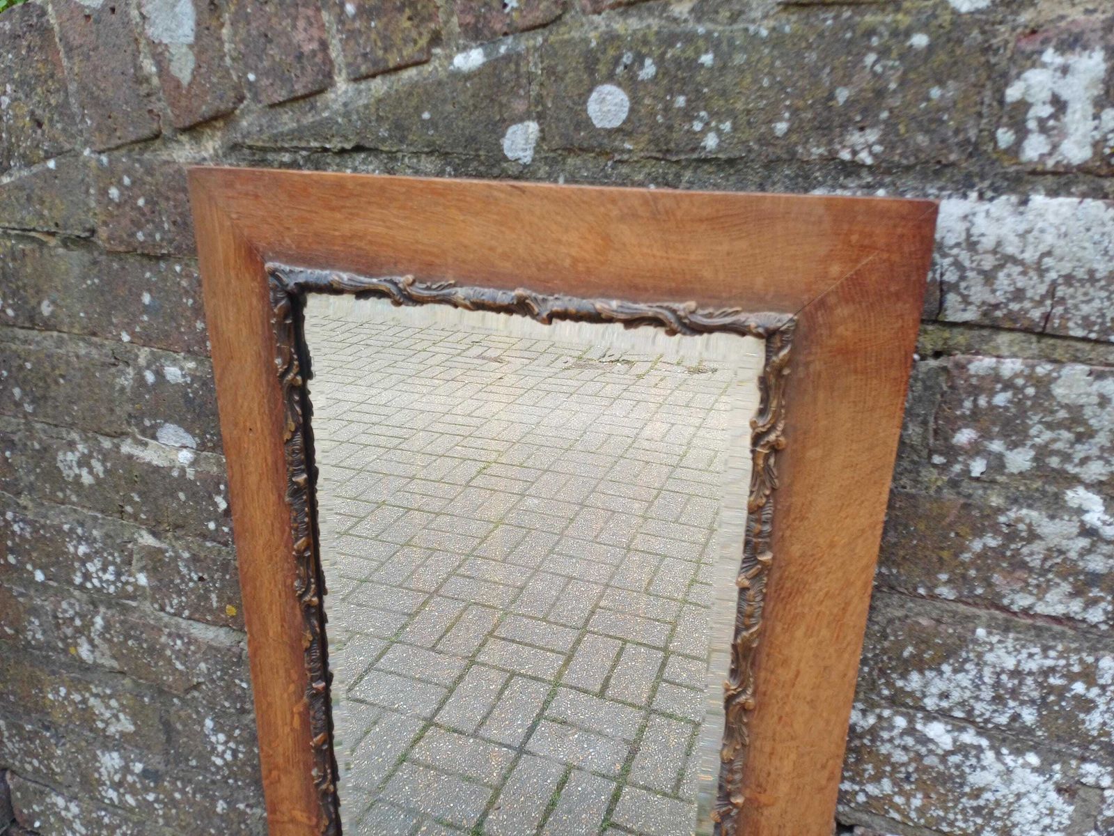 Large Antique Oak Wall Mirror With Ornate Gold Gesso Bevelled Glass Edwardian Arts And Crafts Hall Bedroom Mirror photo vintage