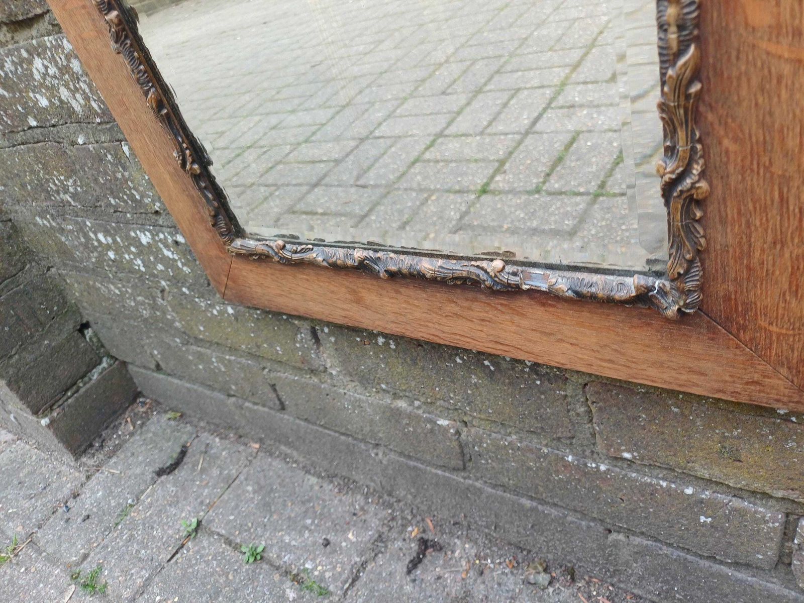 photo for sale Large Antique Oak Wall Mirror With Ornate Gold Gesso Bevelled Glass Edwardian Arts And Crafts Hall Bedroom Mirror