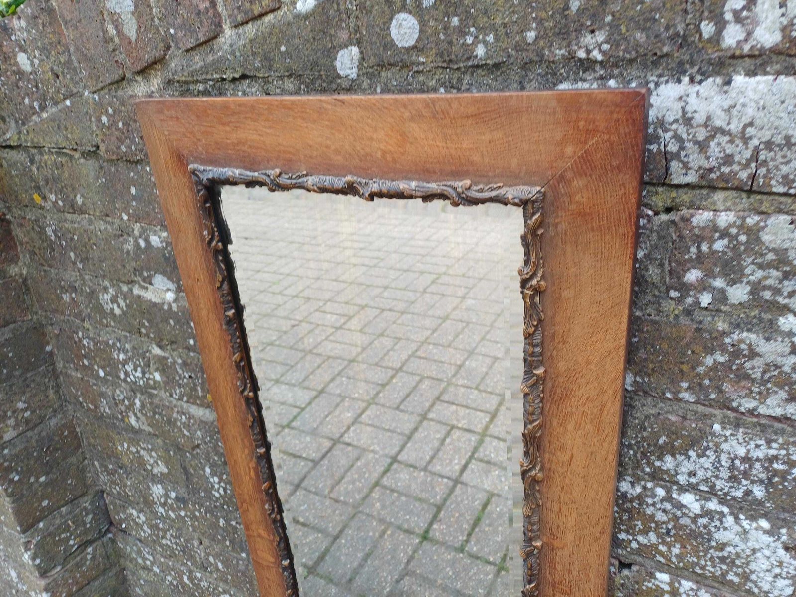 photo vintage Large Antique Oak Wall Mirror With Ornate Gold Gesso Bevelled Glass Edwardian Arts And Crafts Hall Bedroom Mirror
