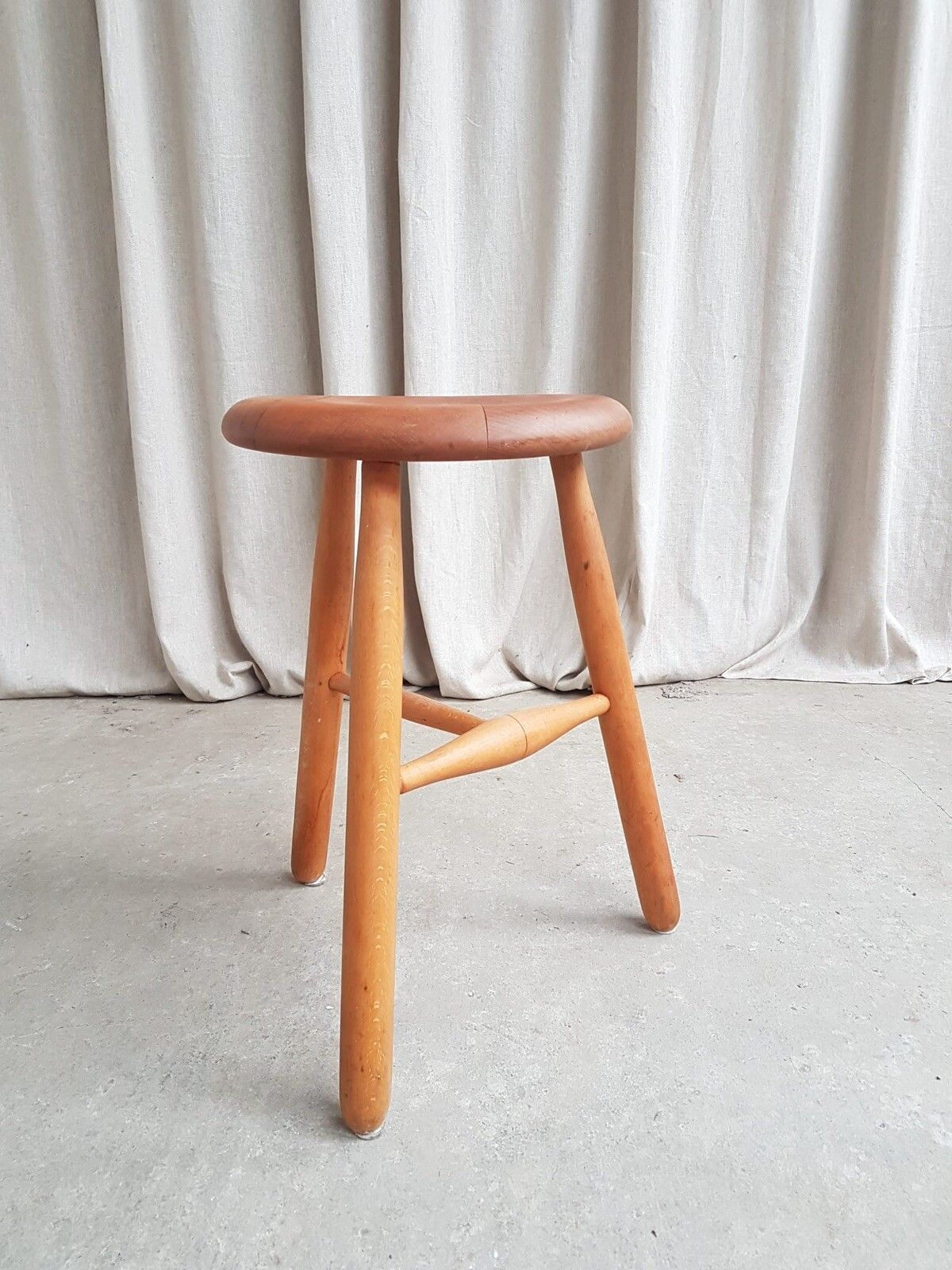 Vtg Mid Century Swedish Scandi Beech Tripod Stool Chair Danish Retro #415 photo for sale