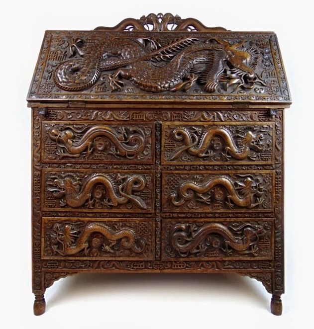 Antique Hand Carved Chinese Export Teak Bureau Wonderful Dragon Carvings photo furniture