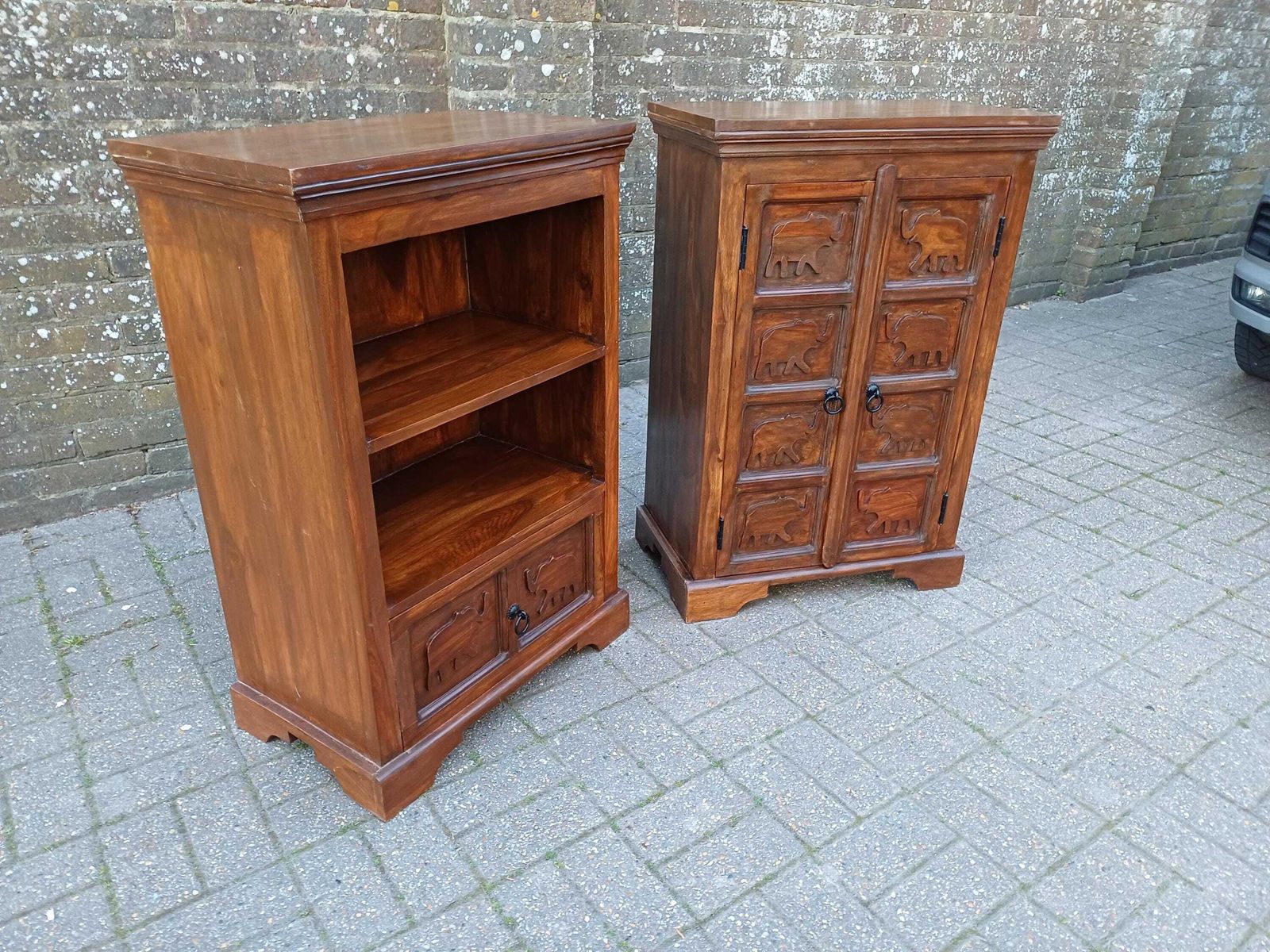 Pair Vintage Teak Elephant Cupboards Shelving Unit Drawer Cabinet Mid Century Storage Solid Wood Bedside Cabinets photo buy
