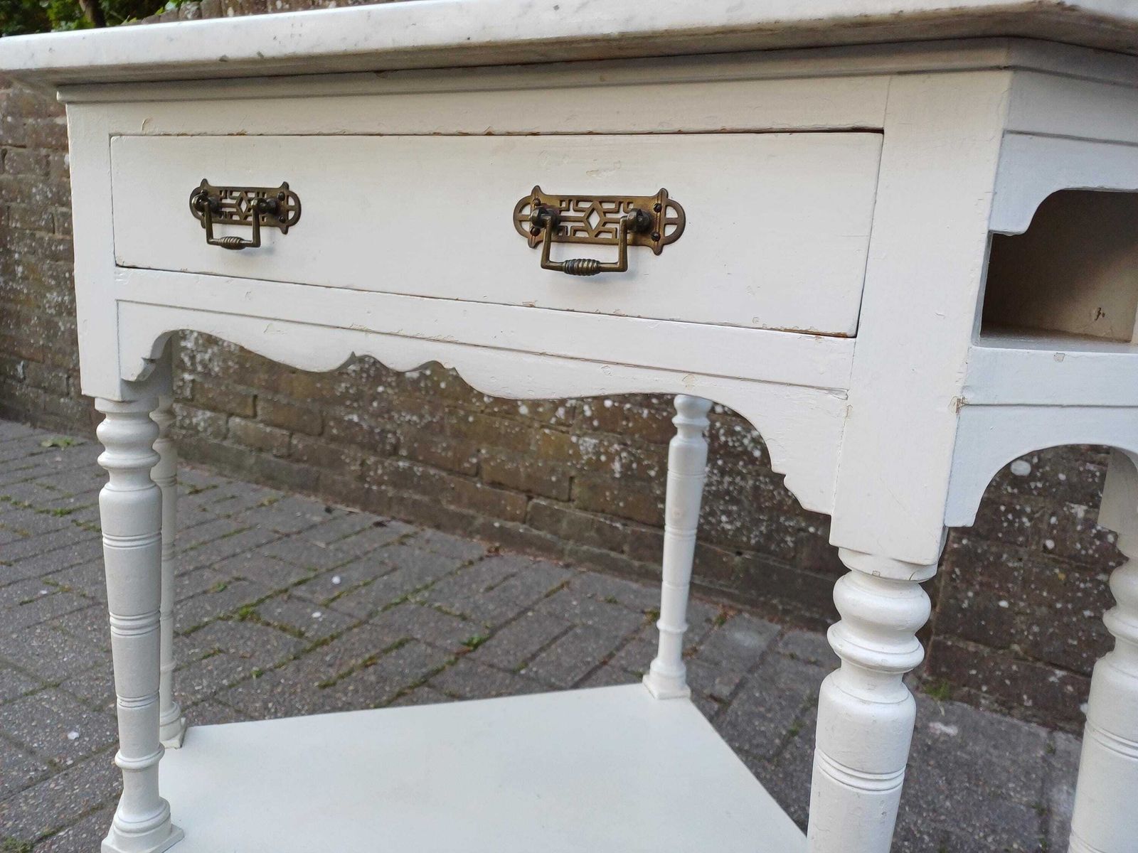 photo furniture Victorian Marble Top Washstand Painted Antique Side Table Cupboard Storage Brass Handles Turned Legs