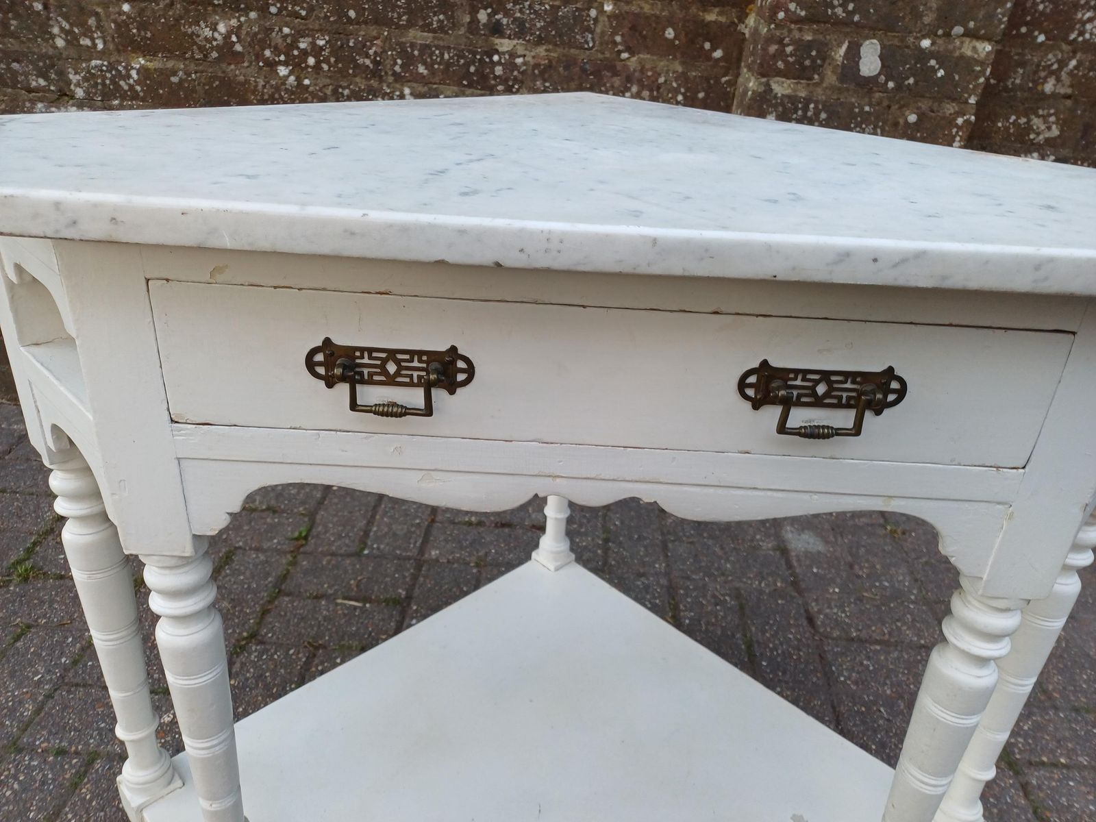 Furniture Victorian Marble Top Washstand Painted Antique Side Table Cupboard Storage Brass Handles Turned Legs photo